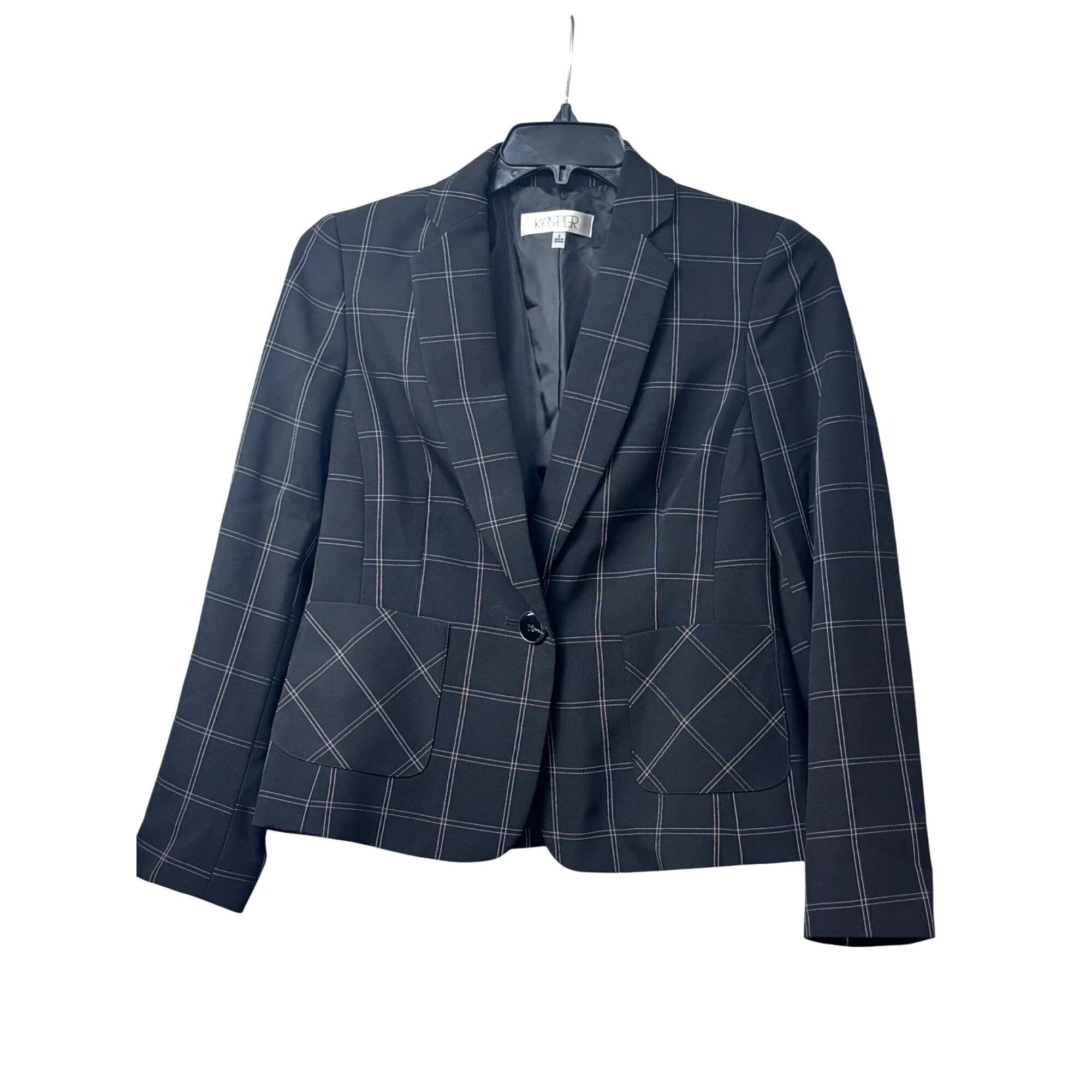 Kasper Kasper Windowpane-Plaid One-Button Blazer, Black/Vanilla, 4 Size S / US 4 / IT 40 - 1 Thumbnail