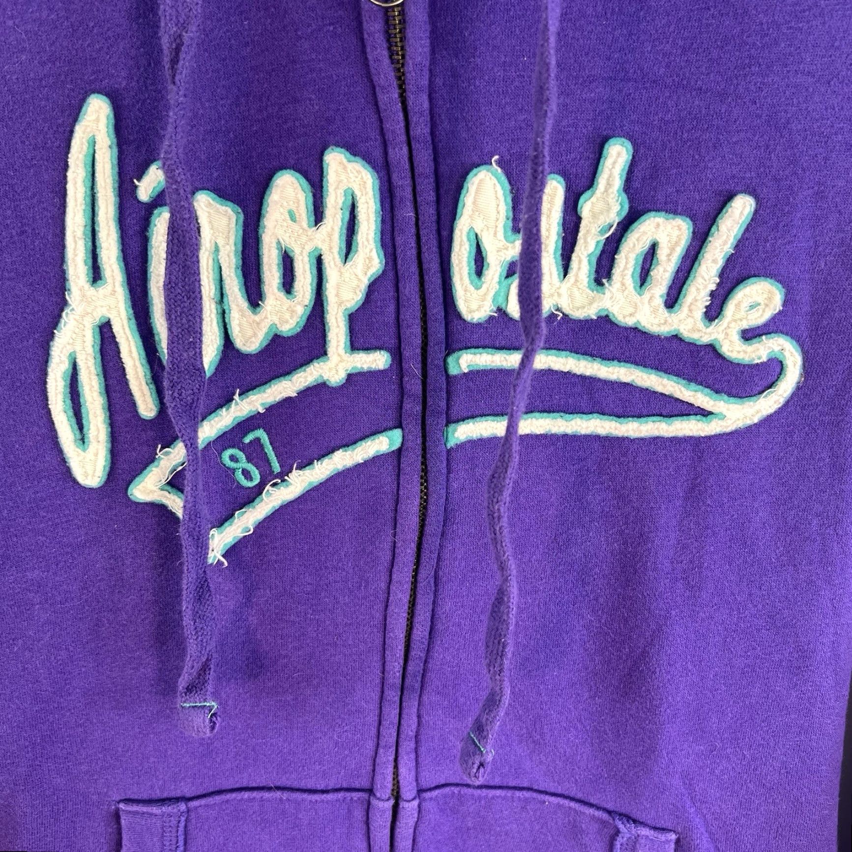 Vintage Aéropostale 87 Hooded Full Zip Sweatshirt Mens L Purple Embroidered Graphic Print Batman Stitch Blue Red White Classic Theme Size US L / EU 52-54 / 3 - 2 Thumbnail