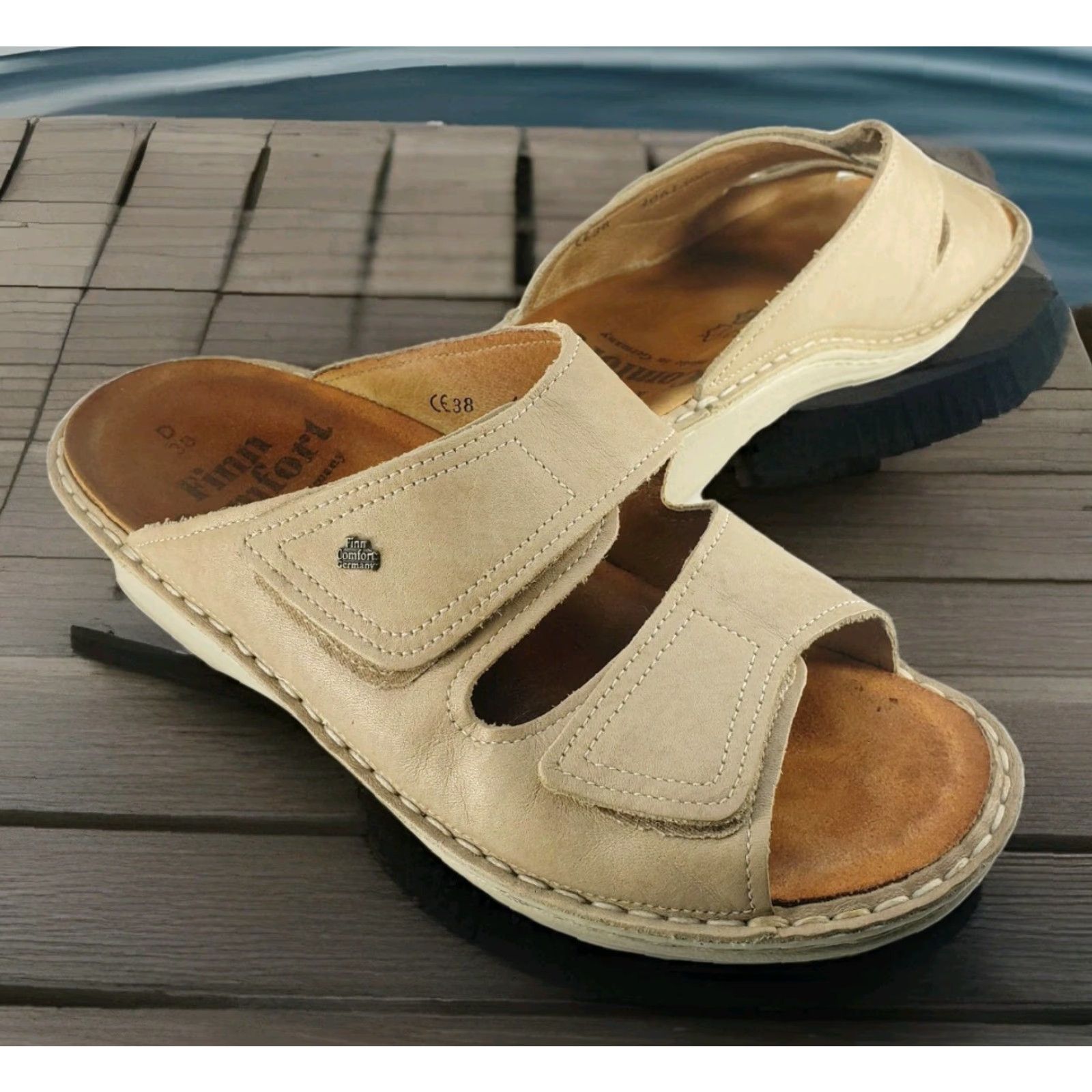 Vintage Finn Comfort Sandal Women Slide Sansibar 7.5D Wide 38 Beige Leather Hook & Loop Arch Support Slip Resistant Casual Travel Summer Size US 8 / IT 38 - 2 Thumbnail