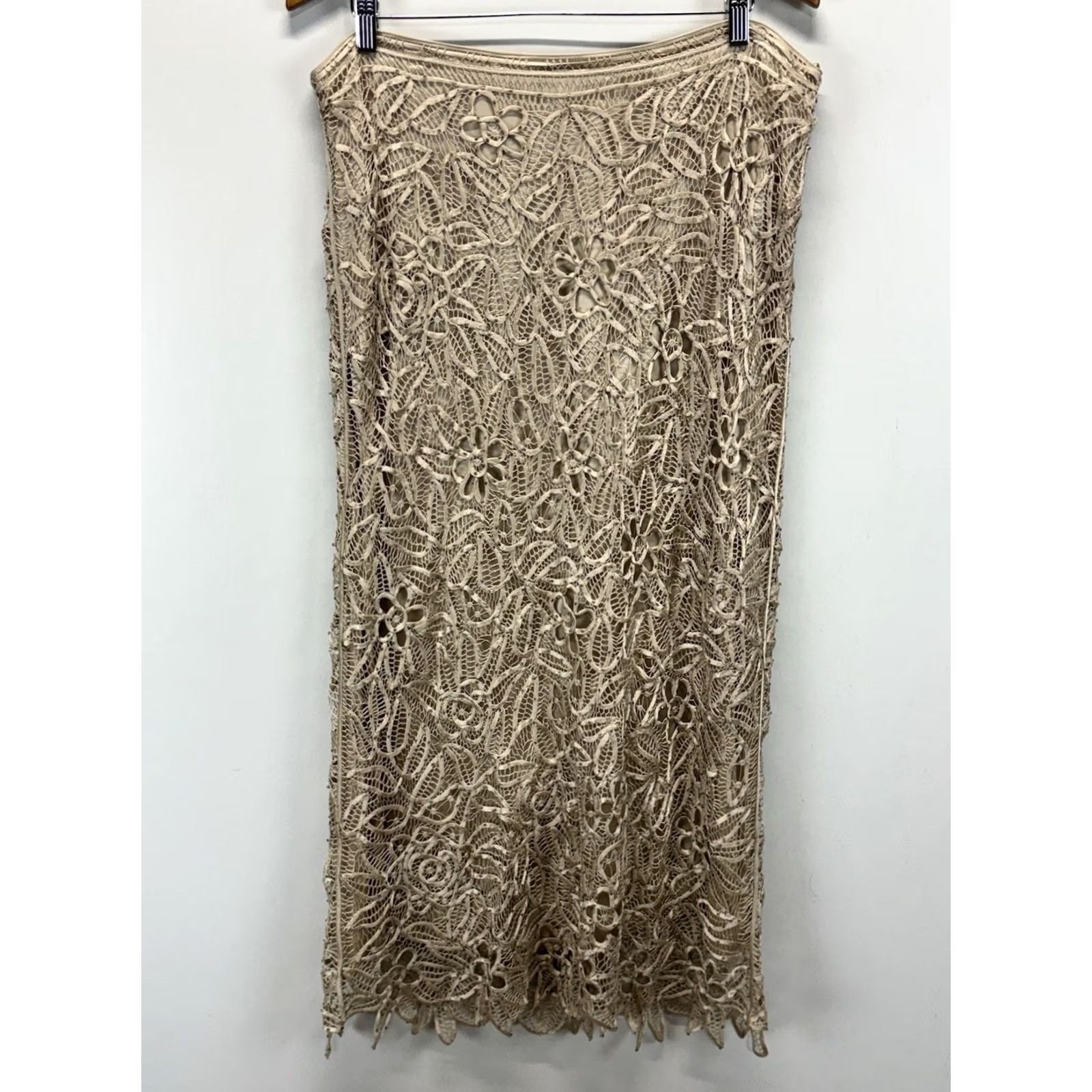 Vintage Vtg 90s Silk Crochet Maxi Skirt XL Beaded Fairy Grunge Festival Beige Whimsigoth Size 40" / US 18 - 2 Thumbnail