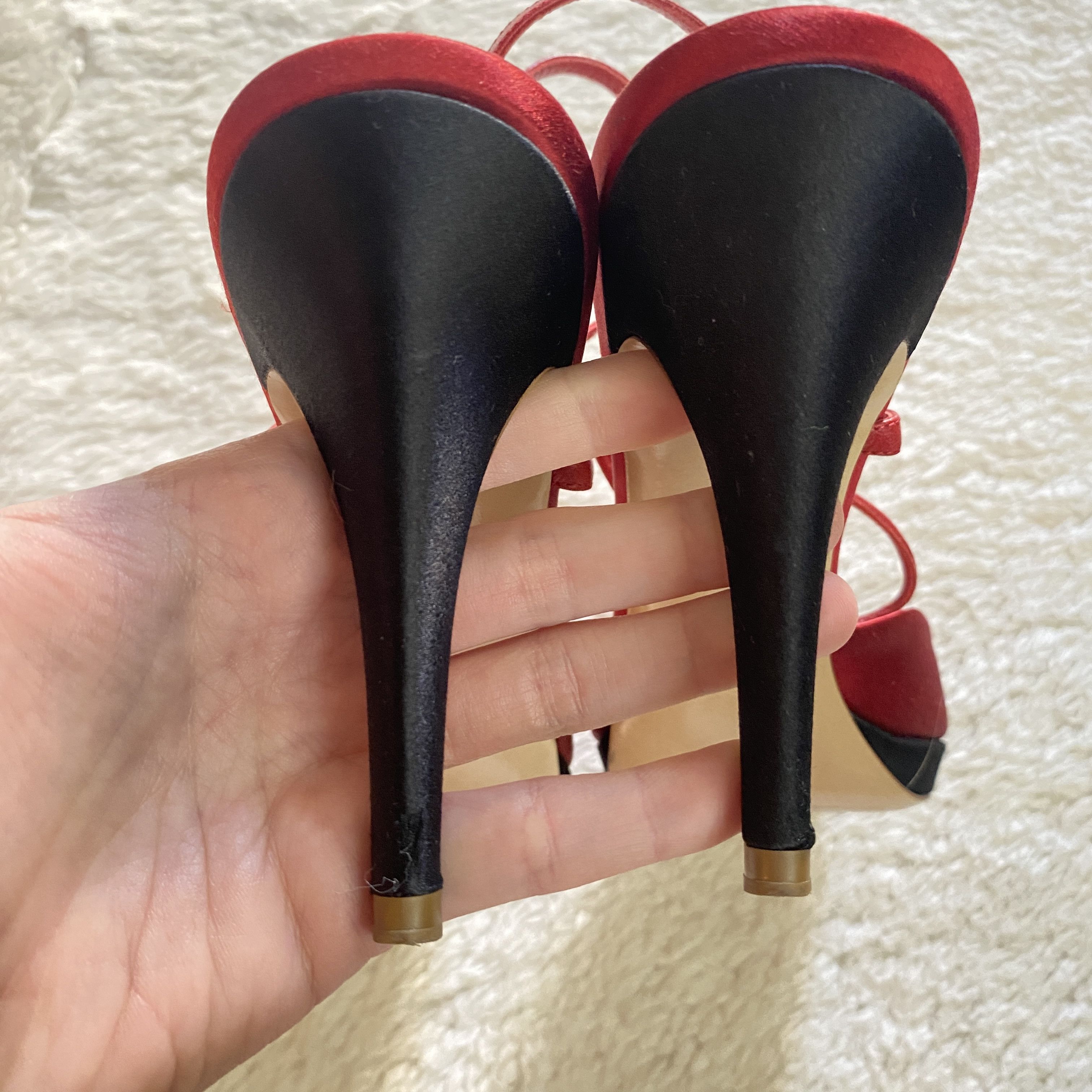 Miu Miu Miu Miu Silk Peep Toe Sandals – Red & Black Size US 10 / IT 40 - 6 Thumbnail