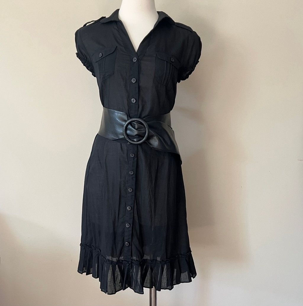 Vintage 1990s - Y2K Black Cotton Button Front Shirt Dress w/Ruffle Size S / US 4 / IT 40 - 6 Thumbnail