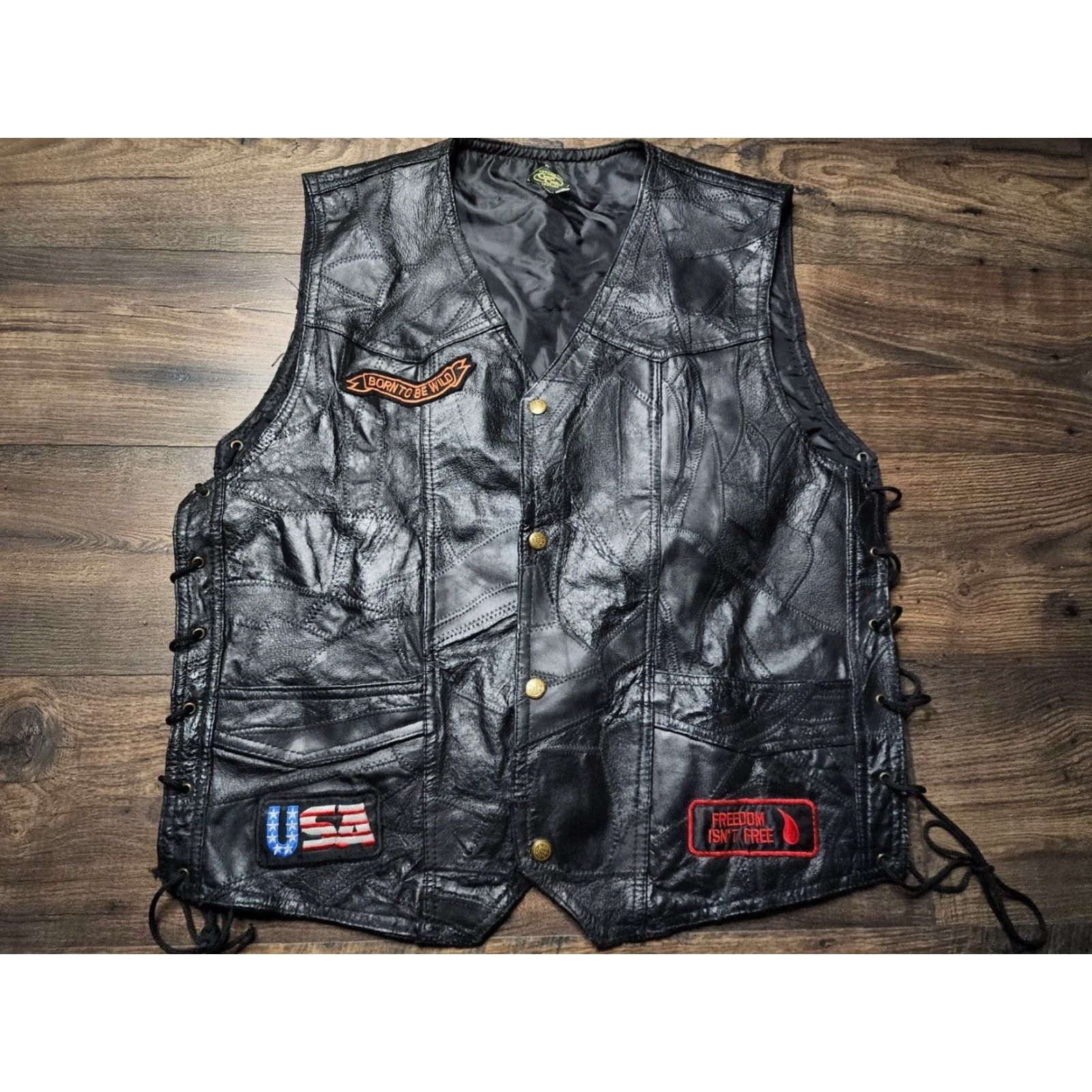 Route 66 Mens XXL Leather Biker Motorcycle Vest ROUTE 66 Eagle USA Patches Lace Up Sides Size US XXL / EU 58 / 5 - 2 Thumbnail
