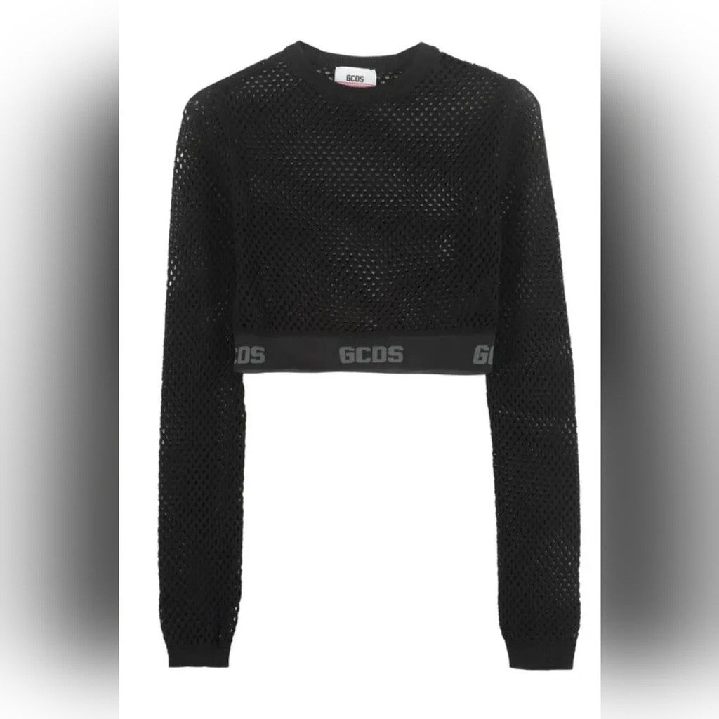 GCDS GCDS Black Mesh Crop Top with Branded Elastic Hem Size L / US 10 / IT 46 - 1 Thumbnail