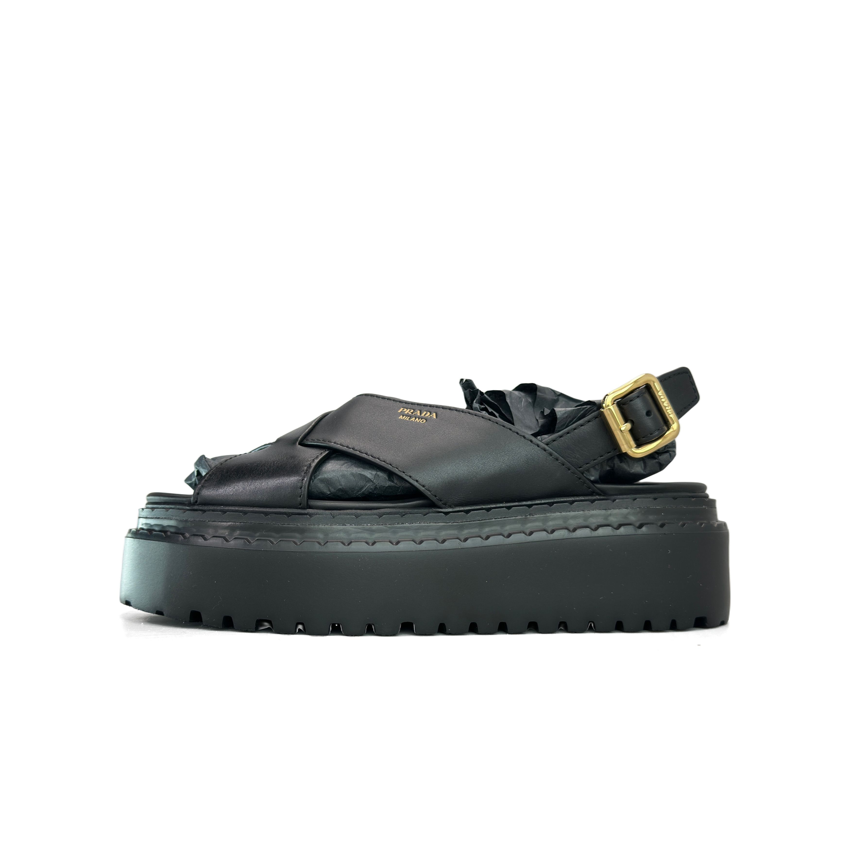 Prada Prada Black Leather Platform Sandals Size 37.5 Size US 7.5 / IT 37.5 - 1 Thumbnail