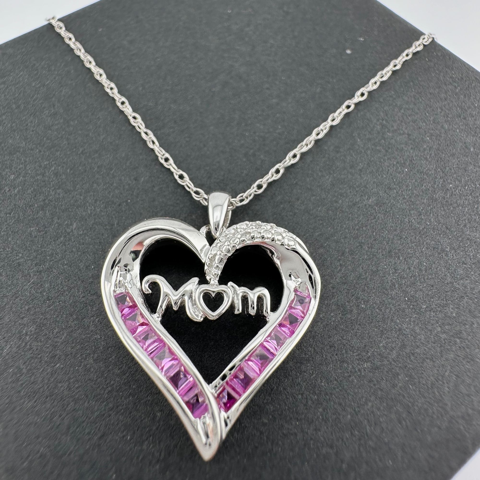 Other Pink Sapphire 'MOM' Heart Necklace with Diamond Accent Size ONE SIZE - 1 Thumbnail