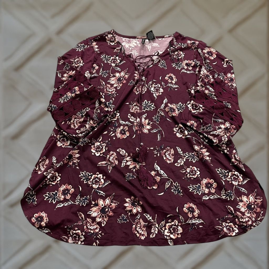 Vintage New Directions Tunic Blouse Womens XL Maroon Floral Long Sleeve Crisscross Neck Size XL / US 12-14 / IT 48-50 - 1 Thumbnail