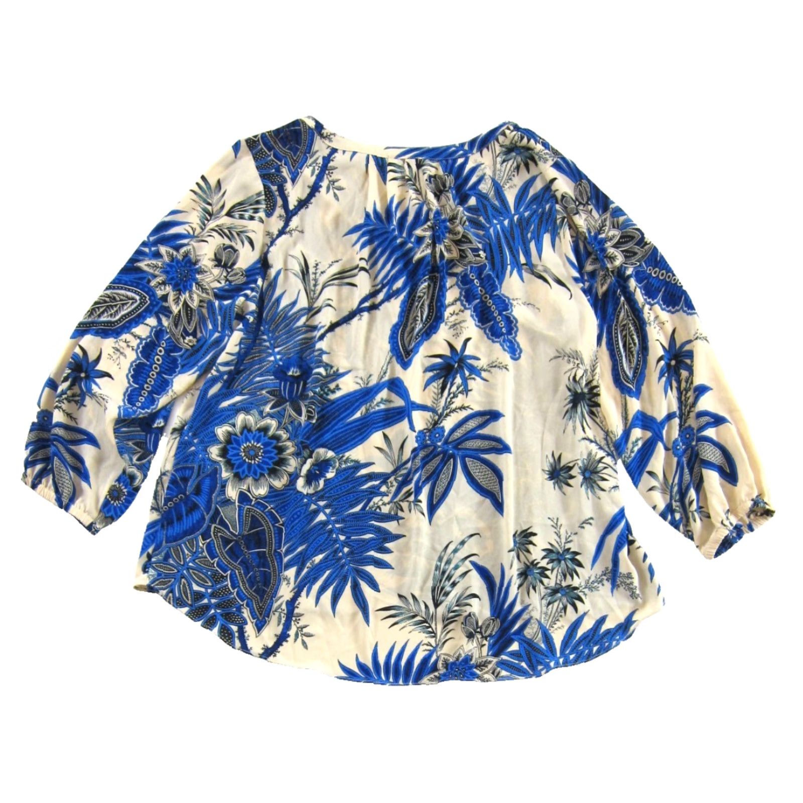 Vintage Tahari Blouse 1X Womens Floral V-Neck Long Sleeve Tunic Blue Ivory Black Size XL / US 12-14 / IT 48-50 - 2 Thumbnail