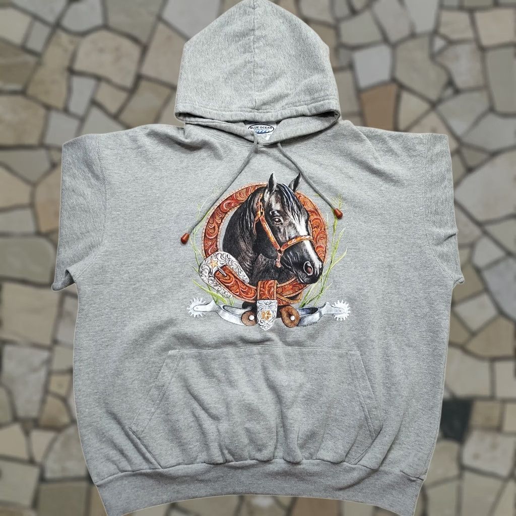 Vintage VINTAGE Blue Ocean Trading Hoodie Sweatshirt Horse Hooded Lightweight Gray 2XL Men Size US XXL / EU 58 / 5 - 1 Thumbnail