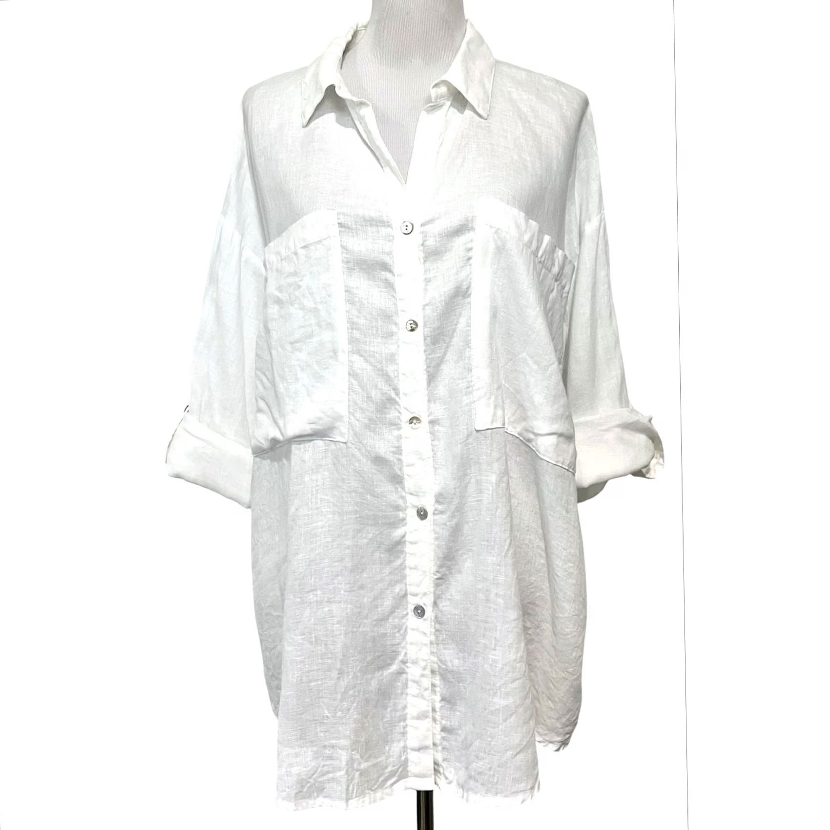 Vintage VINTAGE Magaschoni 100% Linen Button Up Shirt Roll Tab Sleeves Pockets White Womens Sz L Shirt Women L White Pocket Roll Tab Sleeve Linen Button-Up Size L / US 10 / IT 46 - 2 Thumbnail