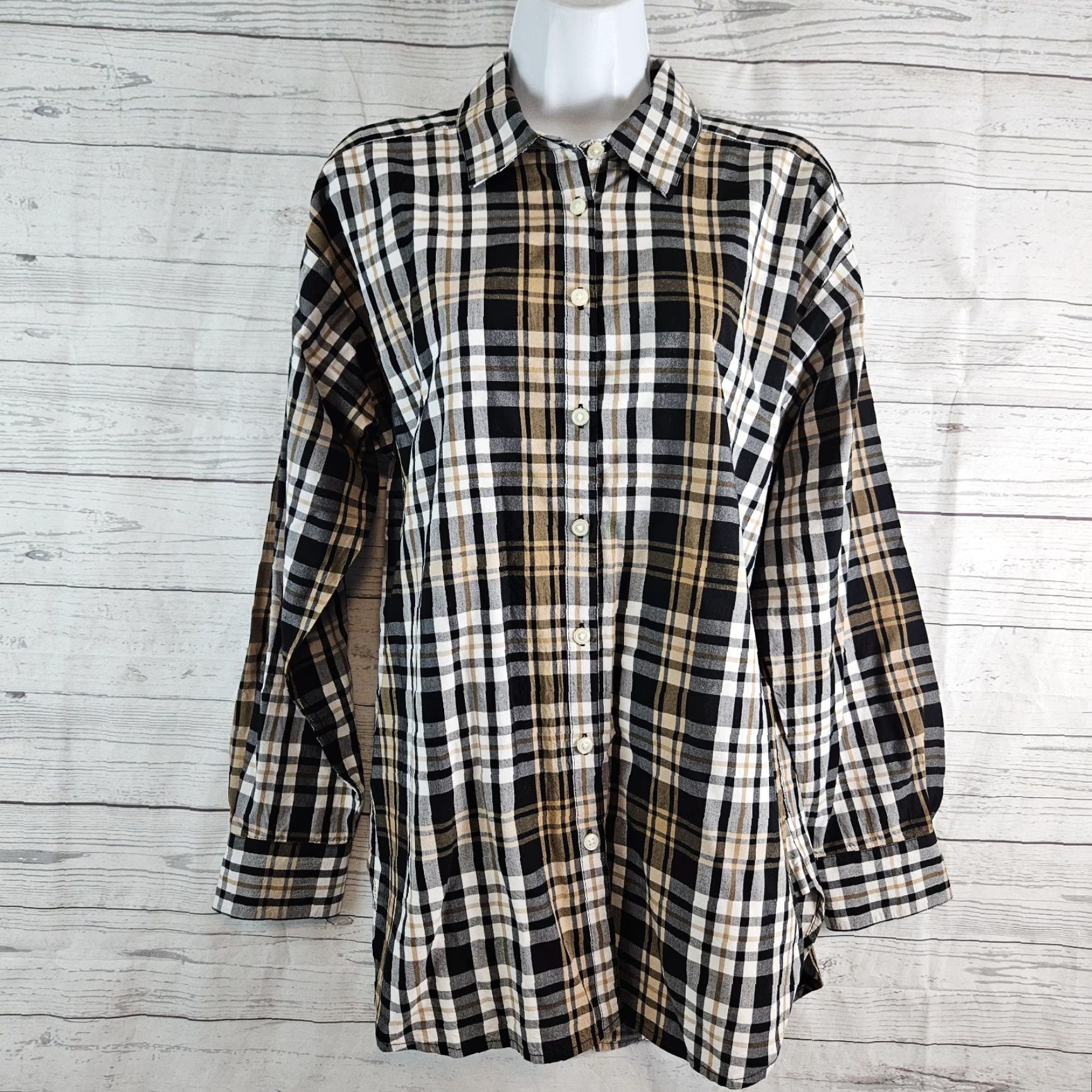 Loft LOFT Ann Taylor Womens Button Up Tunic Shirt Sz S Black Tan Plaid Size S / US 4 / IT 40 - 2 Thumbnail