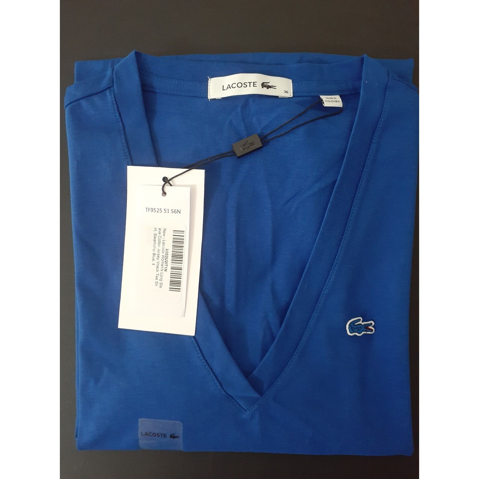 Lacoste Lacoste Women's Long Sleeve Cotton Jersey V-Neck Tee Blue 4 Size S / US 4 / IT 40 - 2 Thumbnail