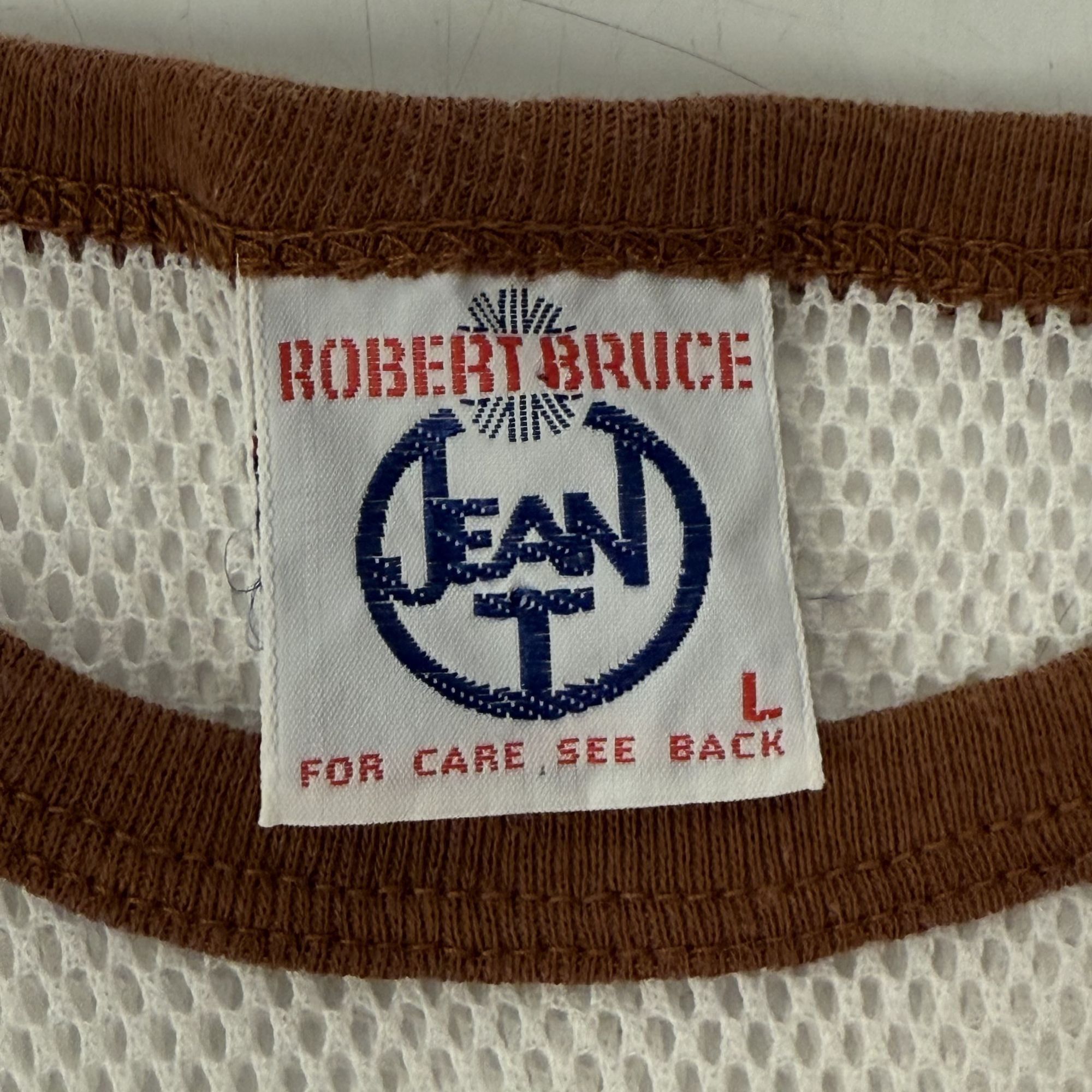 Robert Bruce Vtg Robert Bruce Jean T MESH Net Brown Ringer T Shirt Size US L / EU 52-54 / 3 - 4 Thumbnail