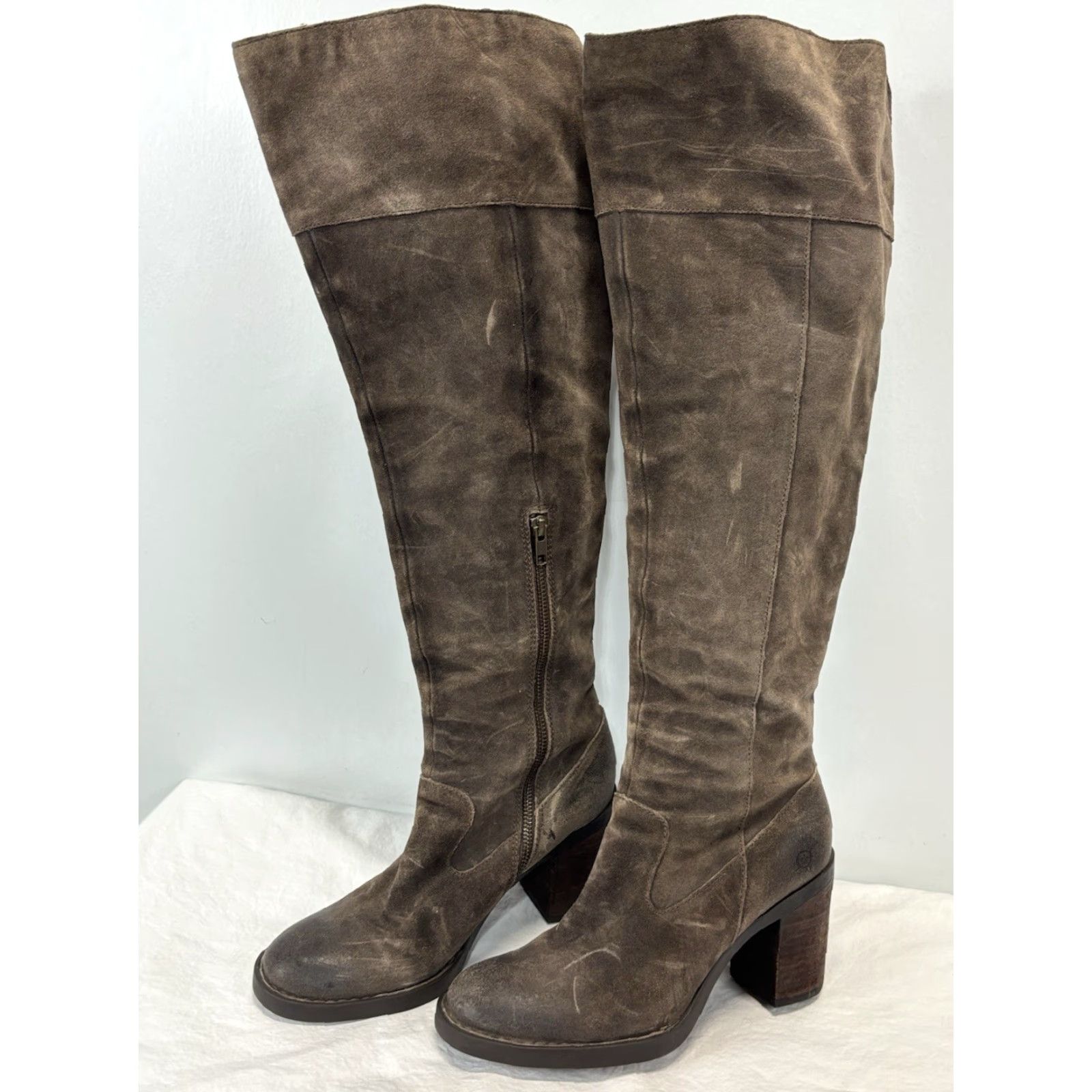 Born Børn Kathleen Tall Boots Brown Grey Suede Leather Chunky Heel Women's 9 M Pirate Size US 9 / IT 39 - 3 Thumbnail
