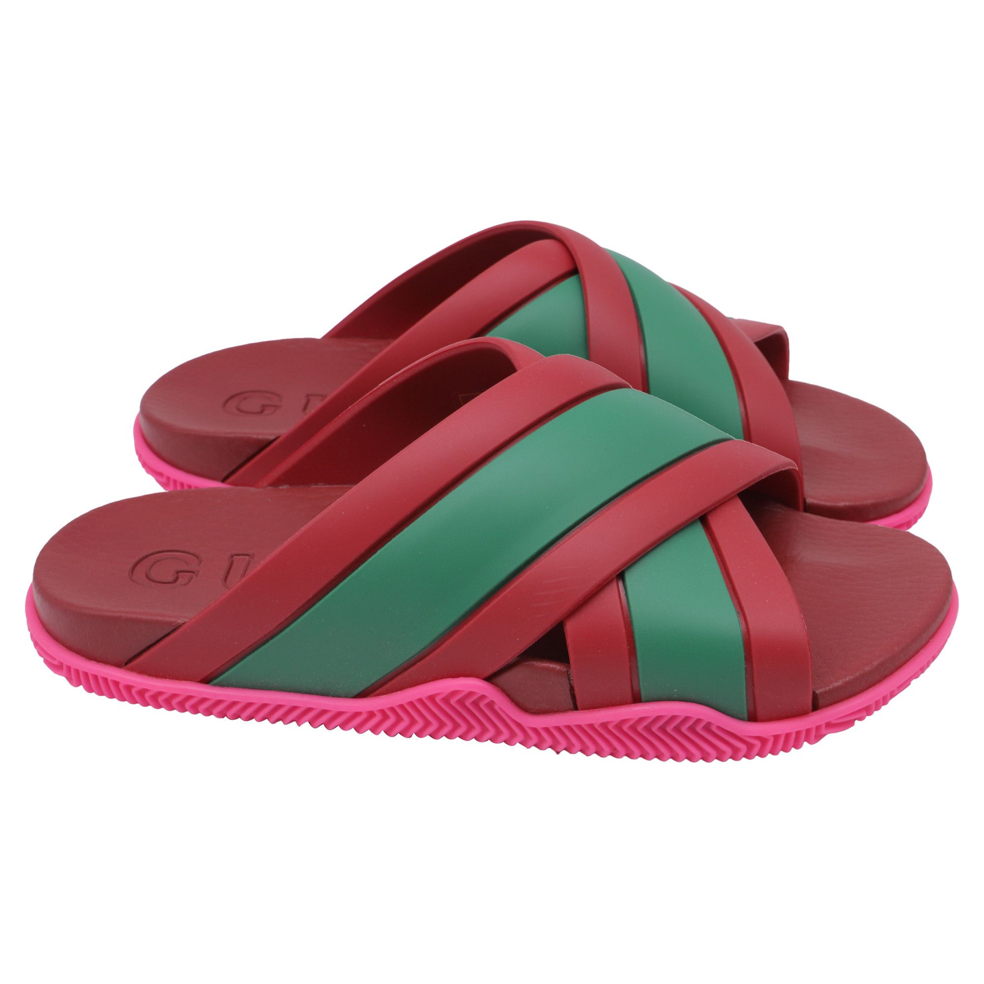 Gucci 37G - Gucci Slide Sandals Cross Striped Red Green Web 