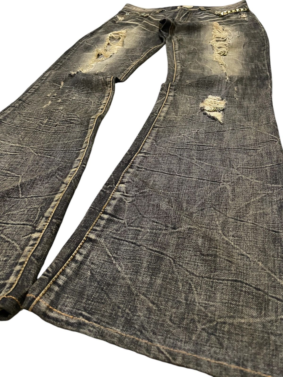 Japanese Brand G.O.A Pierced & Studded Honeycomb Claw Mark Mud Flare Jeans Size US 30 / EU 46 - 12 Thumbnail