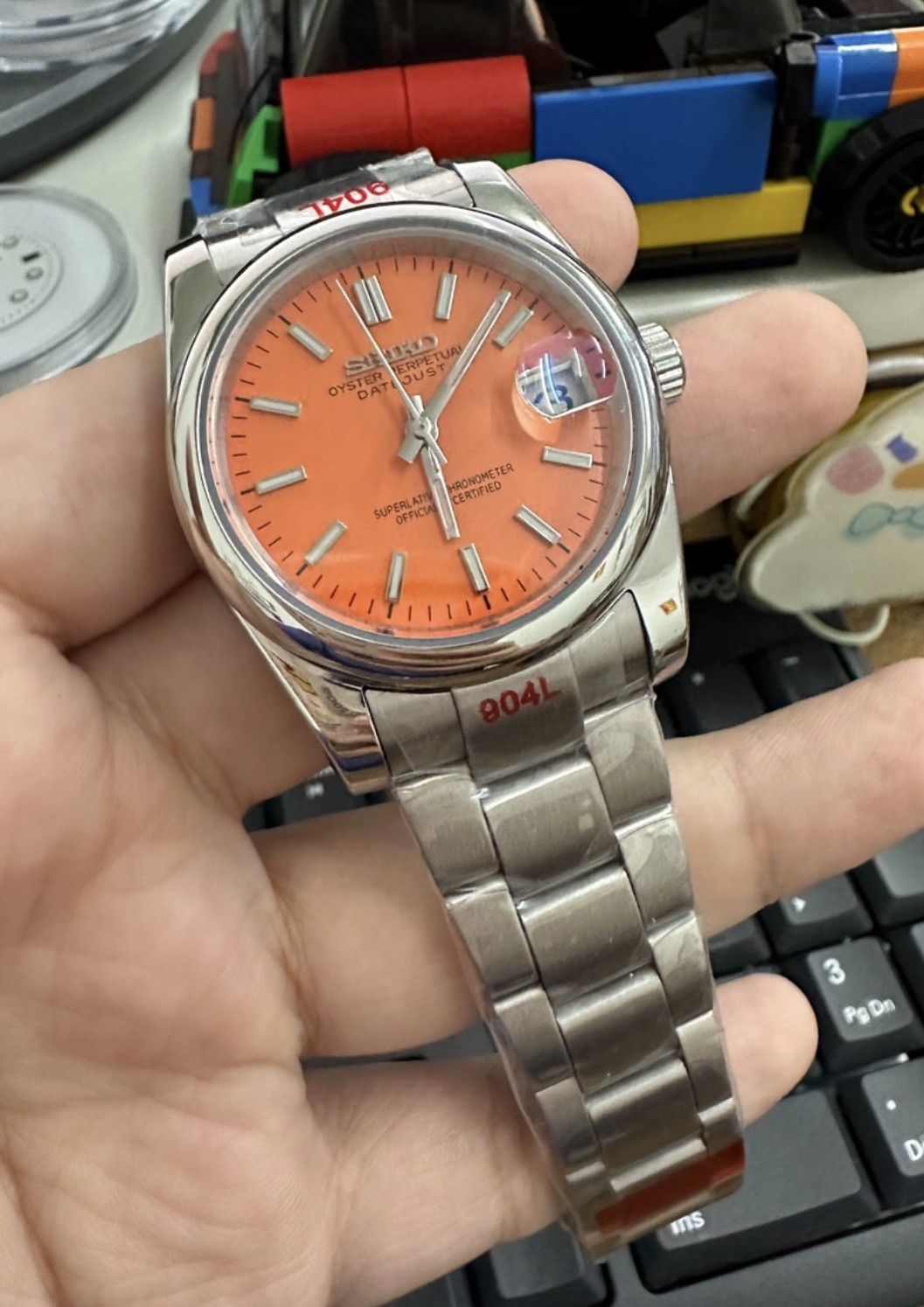 Japanese Brand Seiko Mod Datejust Orange Dial Steel Oyster Watch 39mm Size ONE SIZE - 3 Thumbnail