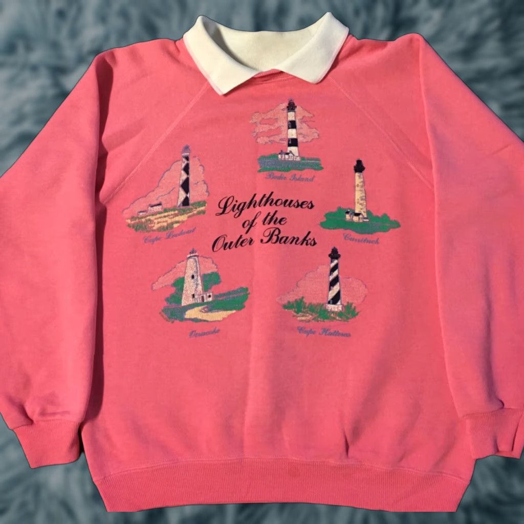 Hanes VINTAGE Hanes Sweatshirt North Carolina Lighthouse Collared S Pink 80s 90s Sailing Outdoors Boho Ocean Sport Mens Size US S / EU 44-46 / 1 - 1 Thumbnail