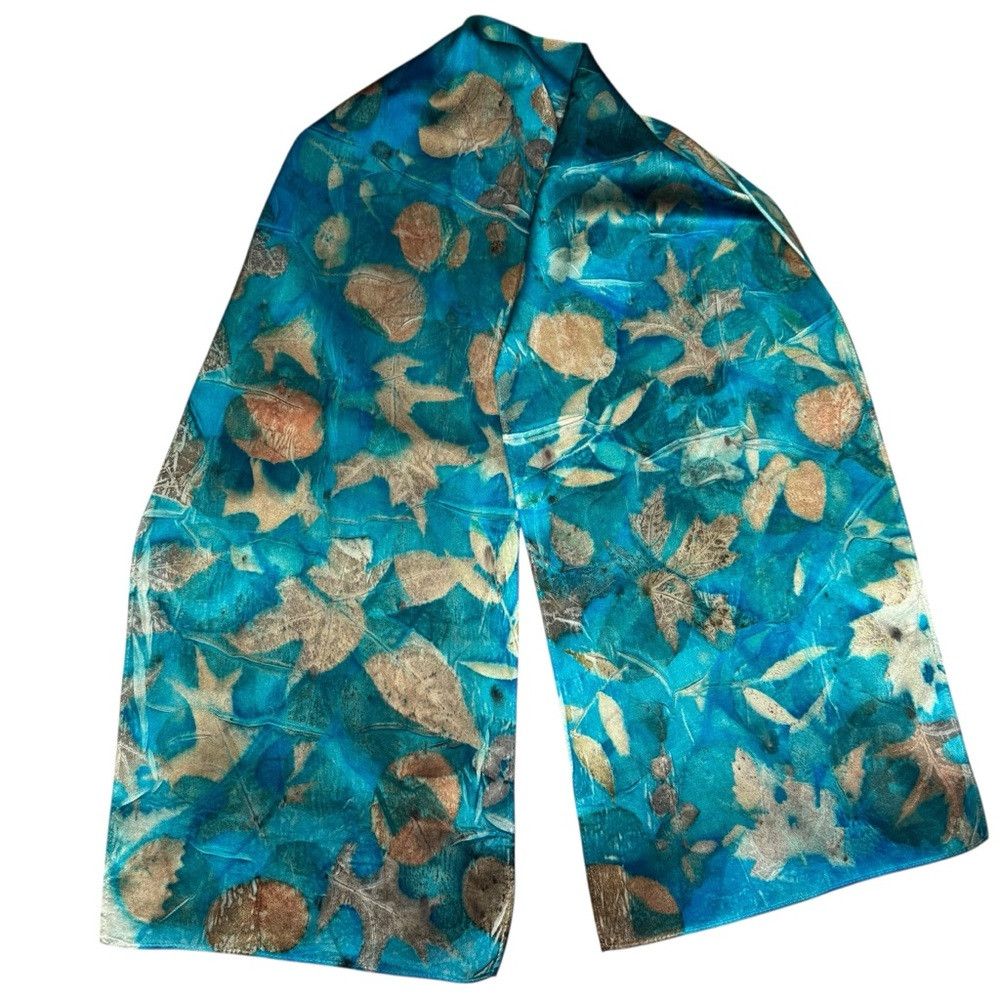 Other New 100% Silk Hand Dyed Leaves Ecoprint Rectangle Scarf 11' Size ONE SIZE - 5 Thumbnail