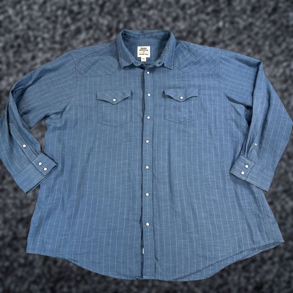 Vintage Blake Shelton x Lands' End Shirt Mens 3XL Blue Striped Western Snap Cotton Twill Shirt Size US XXL / EU 58 / 5 - 1 Thumbnail