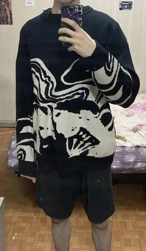 Aran Isles Knitwear × Other Painting Skull Graphic Knitted Black Sweater Size US L / EU 52-54 / 3 - 4 Thumbnail