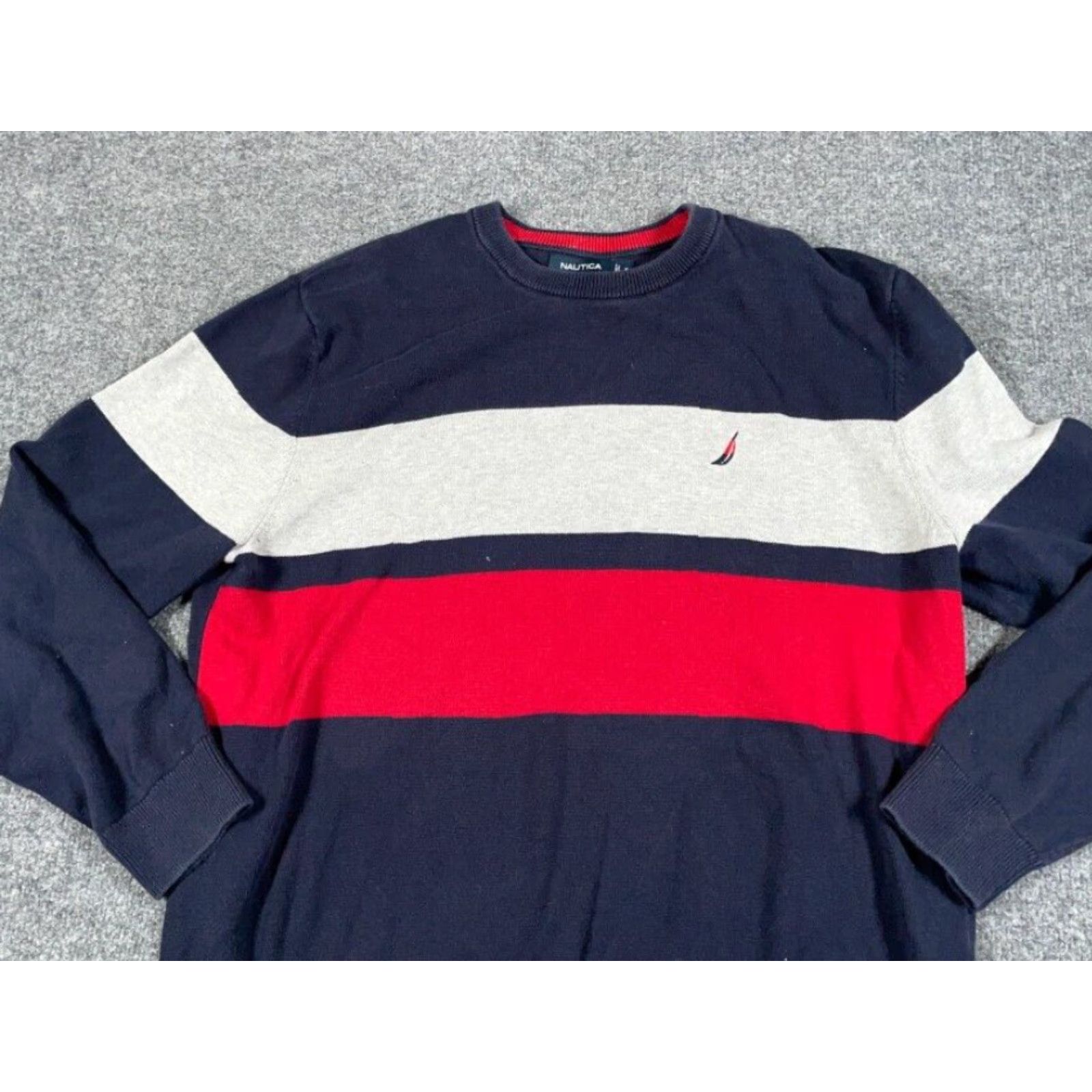 Nautica VINTAGE Y2K Style Sweater Adult XL Blue Gray Red Striped Lightweight Cotton Knit Size US XL / EU 56 / 4 - 8 Thumbnail