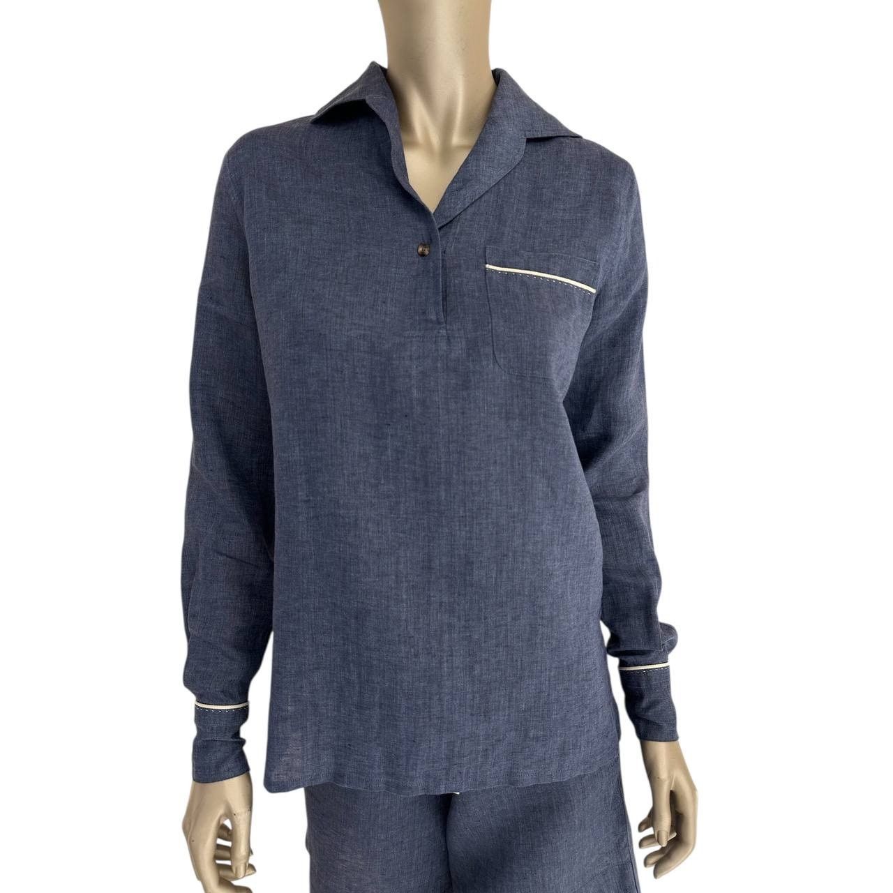 Loro Piana Loro Piana Blue Linen Shirt & Shorts Set - Size 38 Size 26" / US 2 / IT 38 - 4 Thumbnail