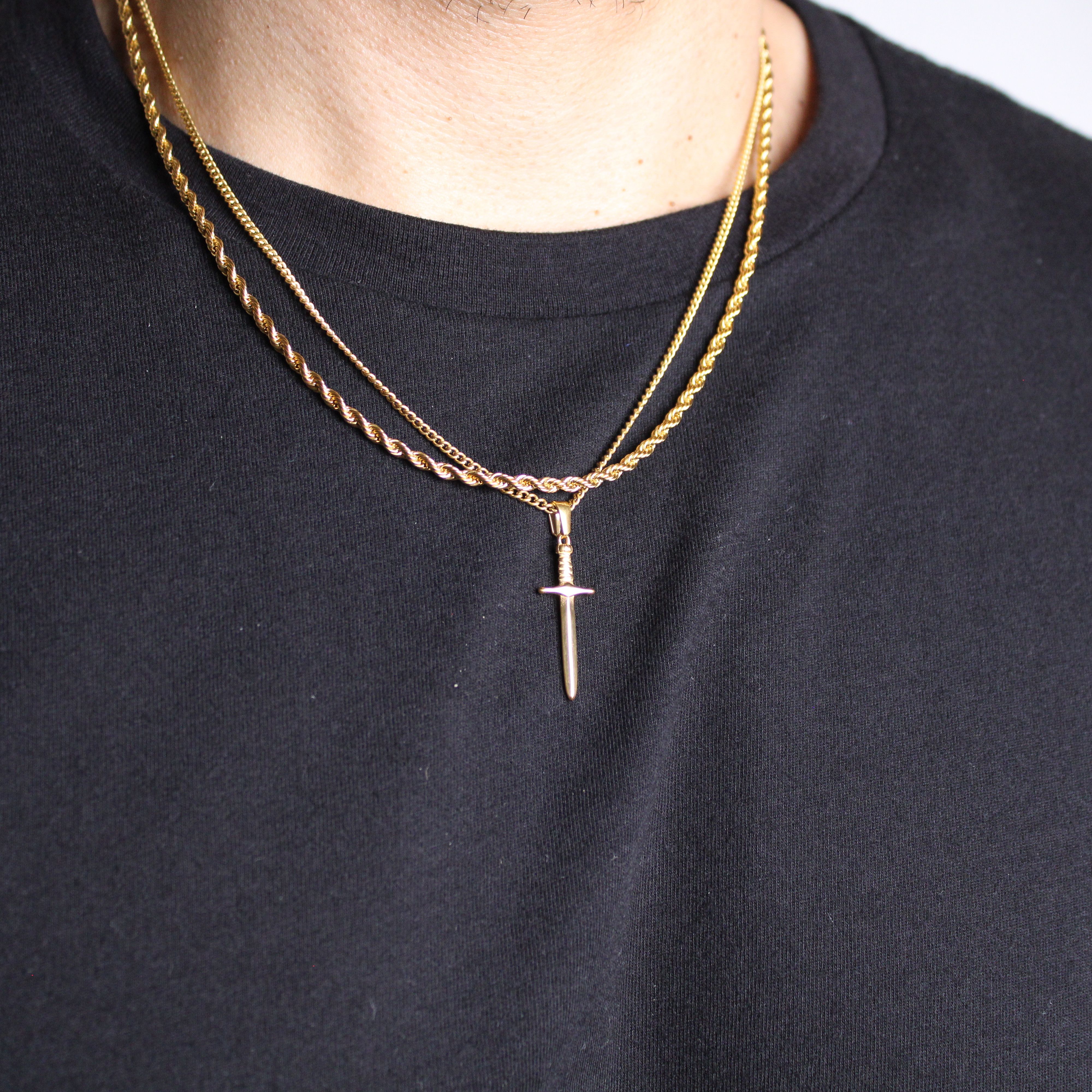Jewelry Gold Dagger Pendant Necklace & 3mm Rope Chain Set Size ONE SIZE - 3 Thumbnail