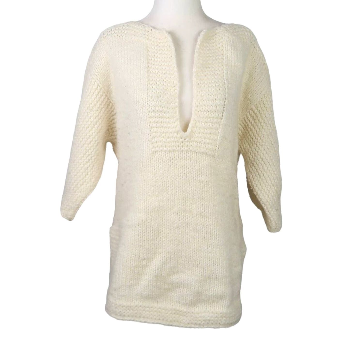 Vintage VINTAGE 70s Cream Knit Wide Sleeve Tunic Sweater M Women's Bohemian 3/4 Sleeve V-Neck Size M / US 6-8 / IT 42-44 - 2 Thumbnail