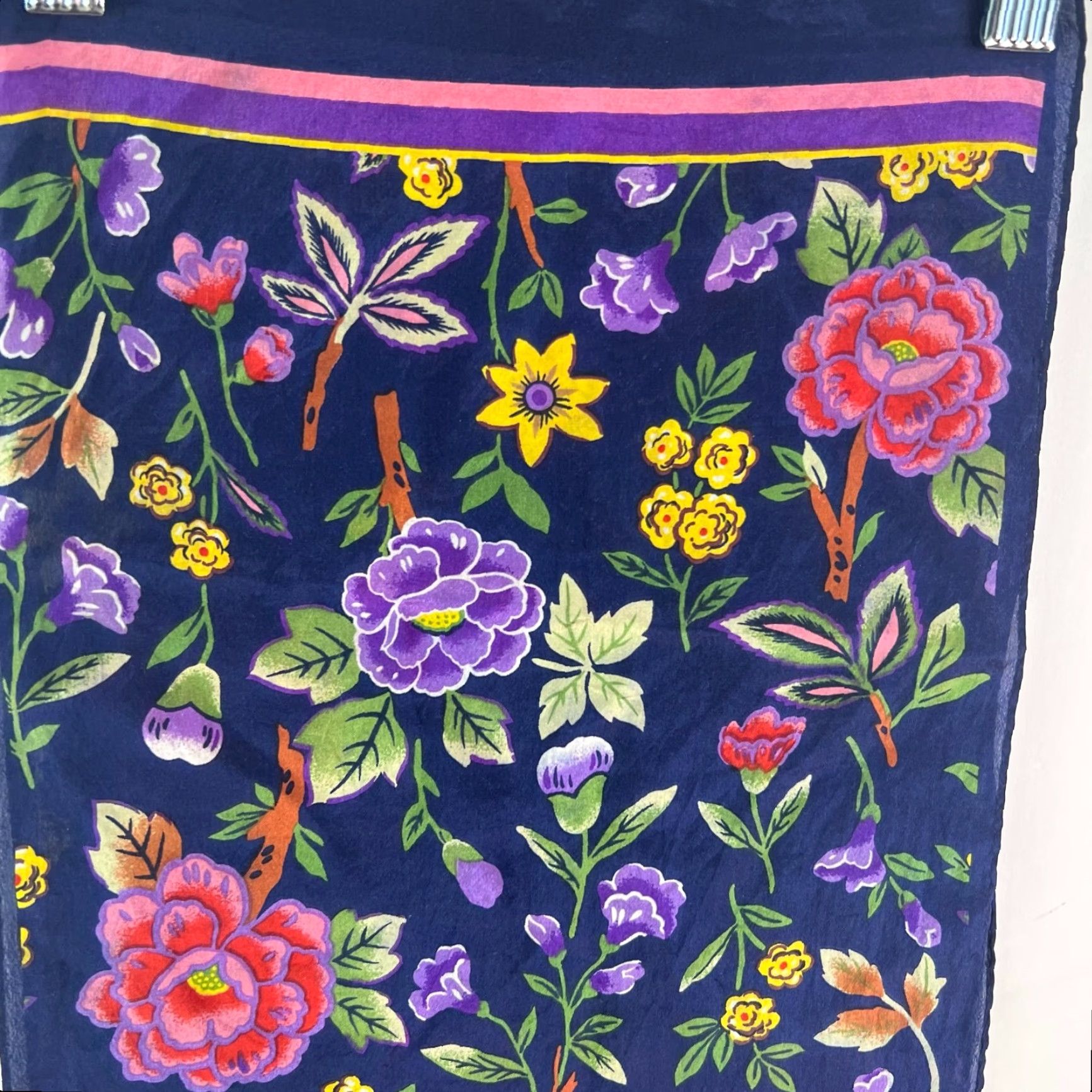 Vintage VINTAGE Cisco Women’s Blue Floral Silk Scarf Rectangle 9x50 Inch Japan Chiffon Classic Size ONE SIZE - 2 Thumbnail