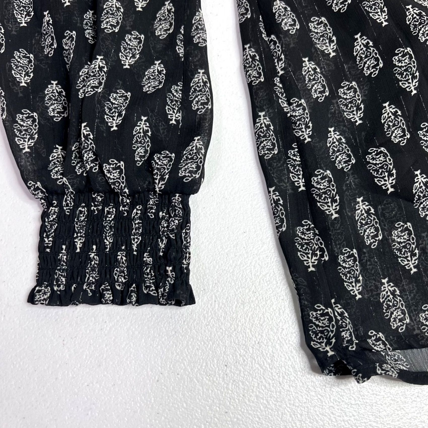 Vintage NY Collection Floral Smocked Mock Neck Top Womens XL Black White Metallic Office Size XL / US 12-14 / IT 48-50 - 7 Thumbnail