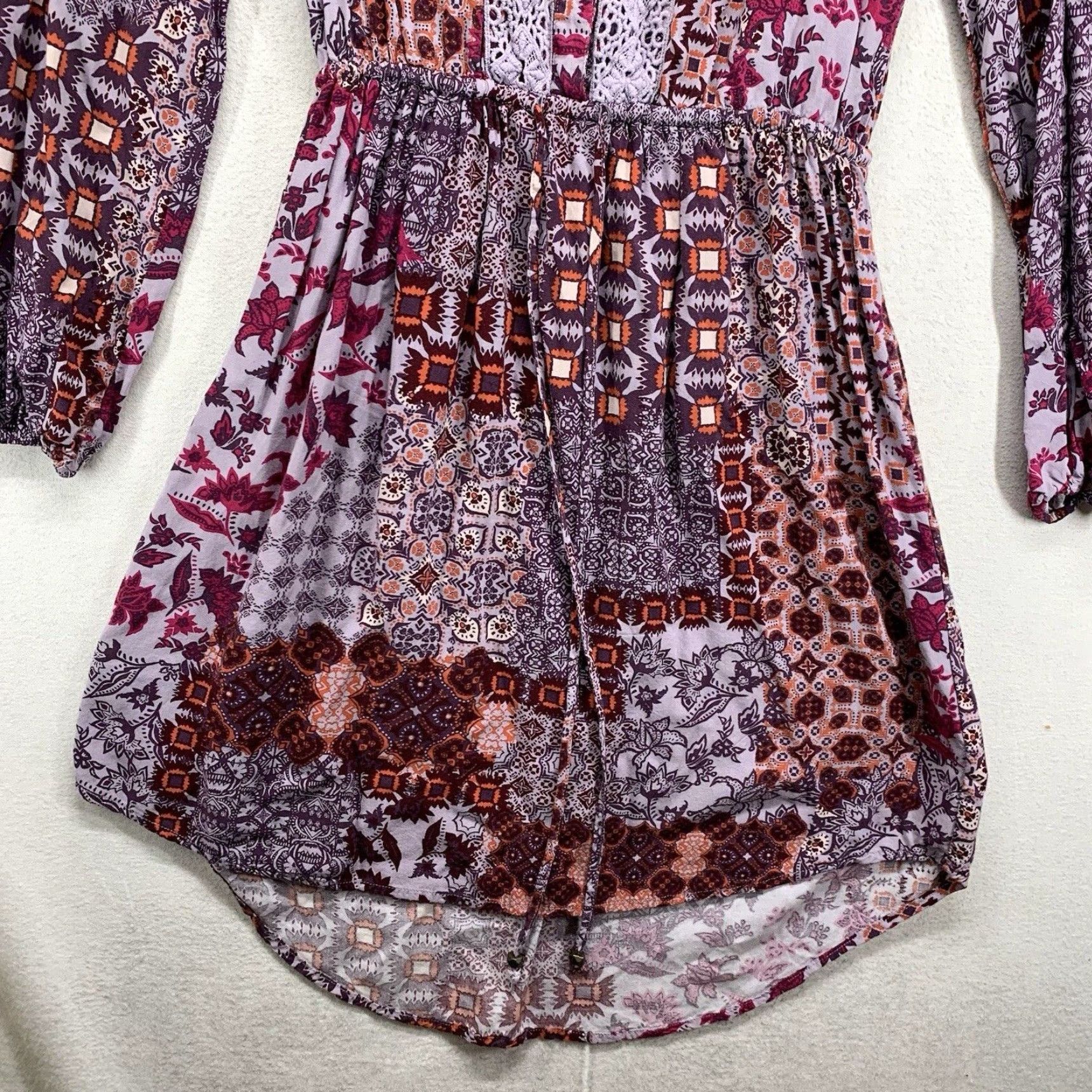 Vintage Knox Rose Geometric Midi Dress XS Purple Long Sleeve V-Neck Embroidered Hippie Bohemian Womens Size XS / US 0-2 / IT 36-38 - 4 Thumbnail