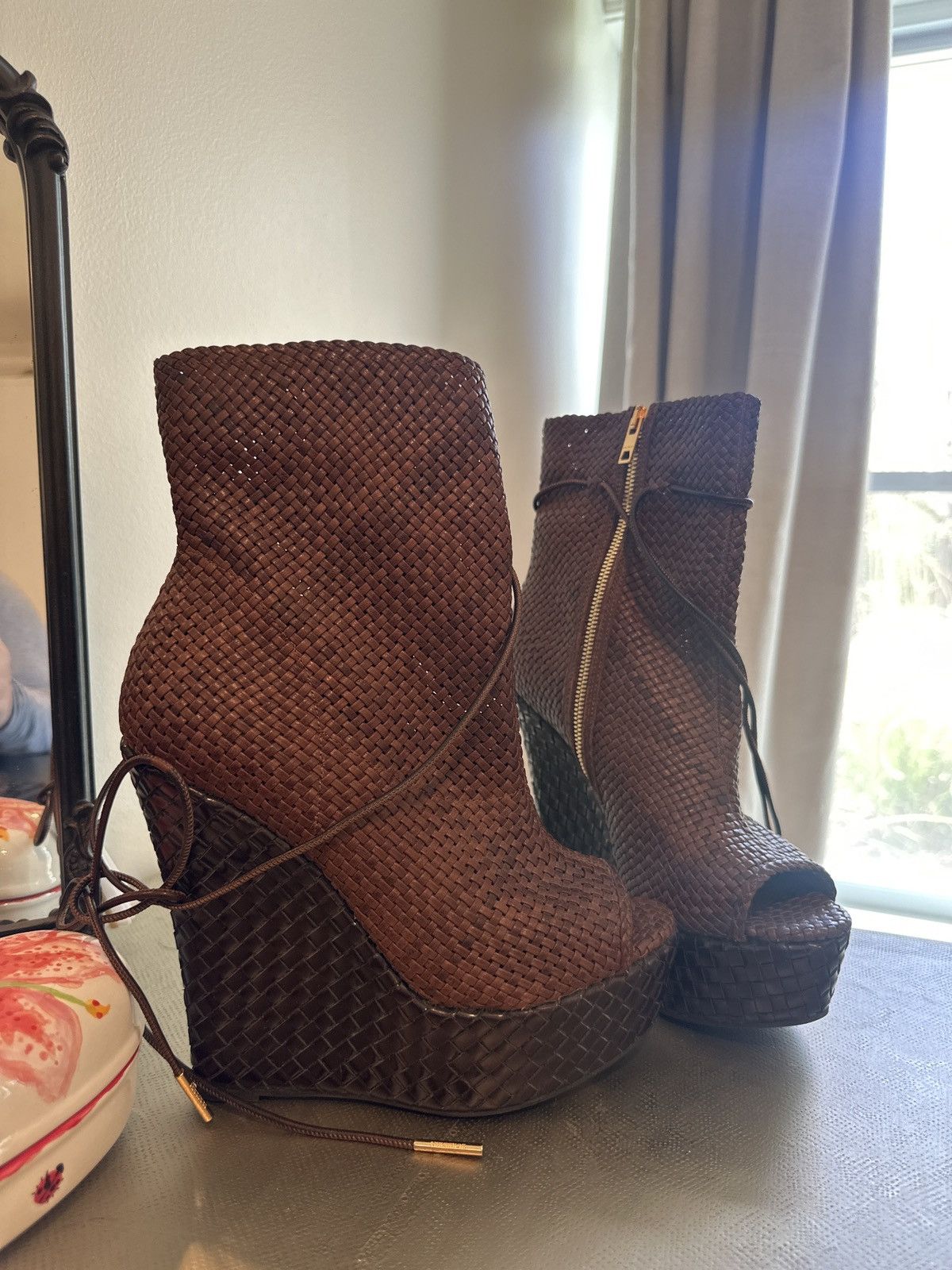 Burberry BURBERRY PRORSUM WOVEN LEATHER AND RAFFIA WEDGE ANKLE BOOTS Size US 9 / IT 39 - 3 Thumbnail