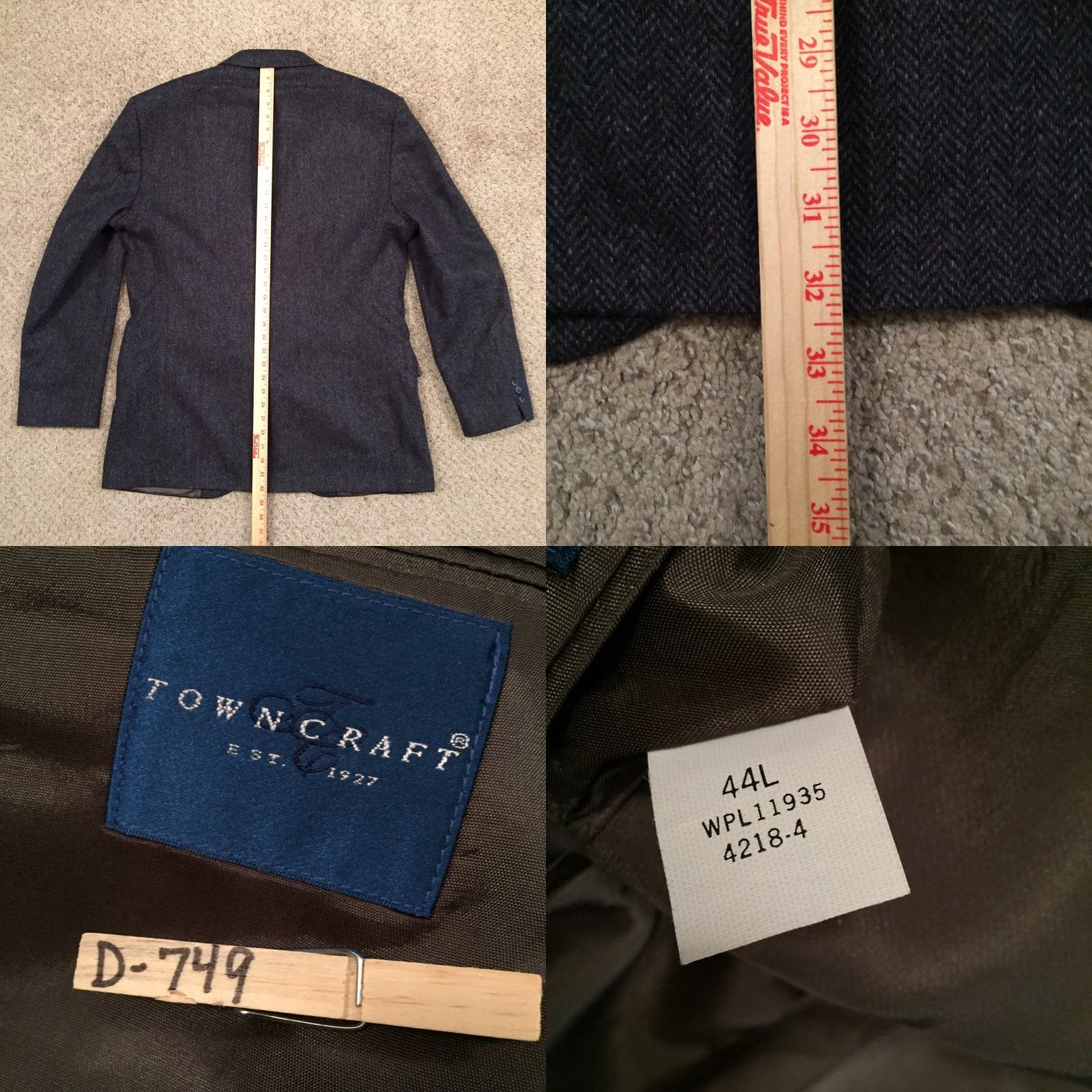 Vintage TownCraft Blazer Mens Size 44 Long Blue Herringbone Wool Two Button Single Vent Jacket Coat Notch Lapel Regular 2 Piece Vintage No Mens Size 44R - 8 Thumbnail