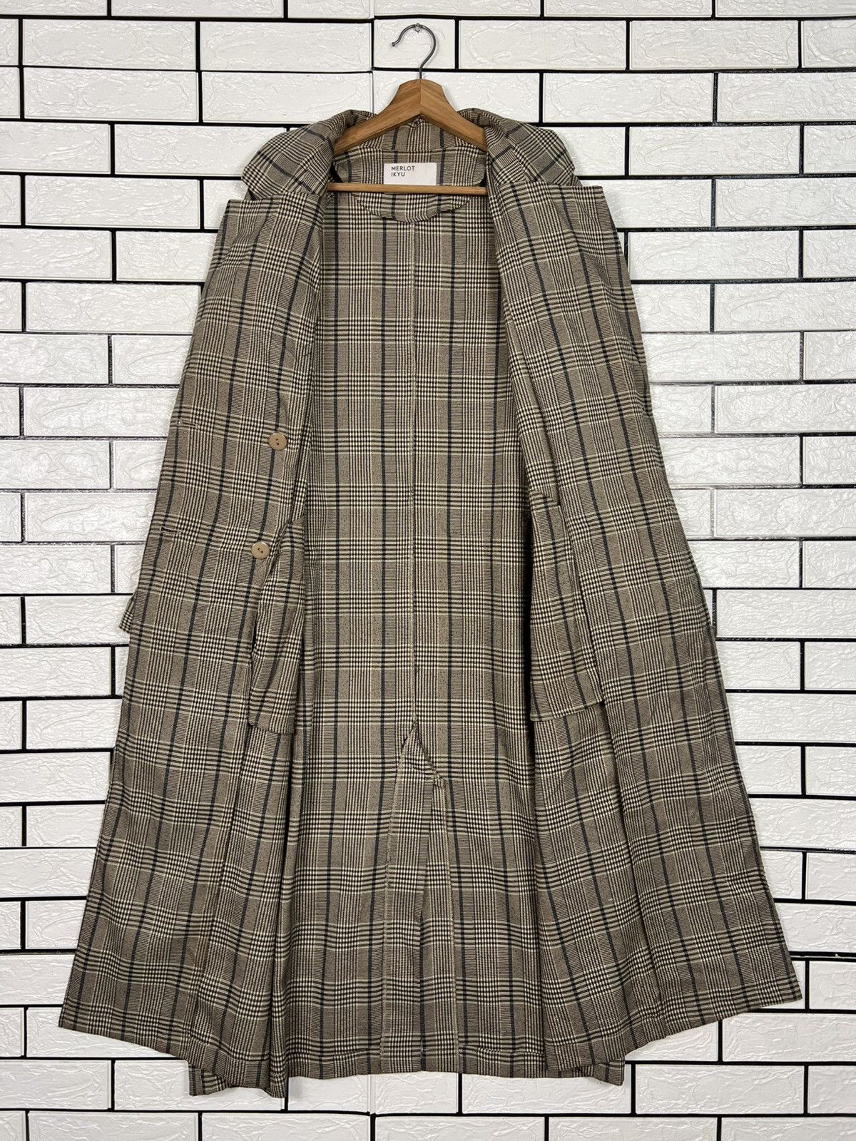 Japanese Brand MERLOT IKYU Checked Plaid Double Breast Long Coat #4150-C189 Size ONE SIZE - 12 Thumbnail