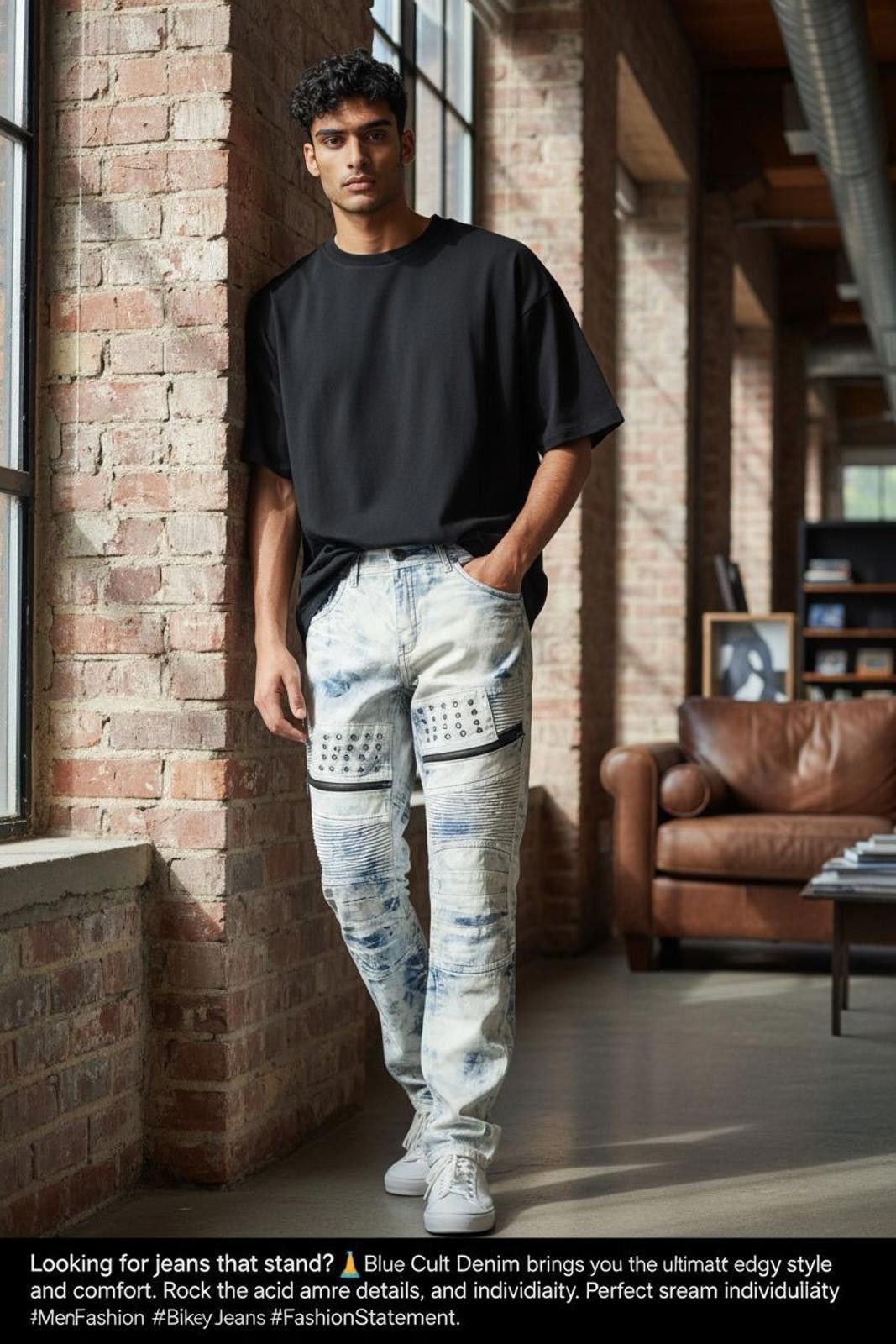 Other Men's Statement Acid Wash Jeans with Stud and Zipper Details Size US 32 / EU 48 - 2 Thumbnail
