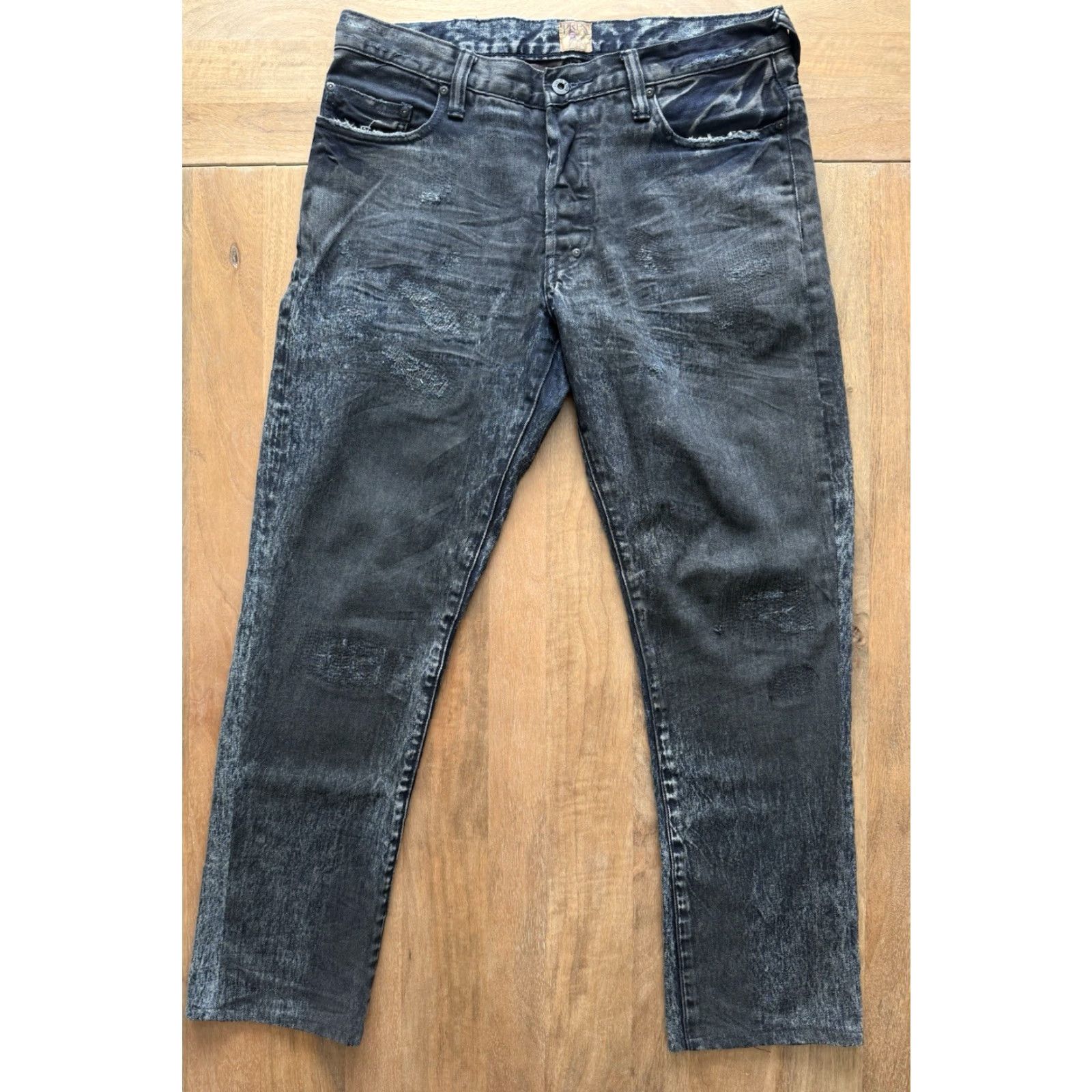Prps PRPS Jeans Mens 31 Denim Distressed Button Fly 34x28 Black 5-Pocket Straight Band 90s Grunge Logo Shirt Size US 31 - 2 Thumbnail