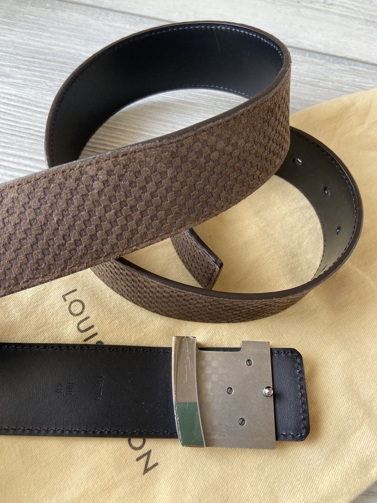 Louis Vuitton Louis Vuitton Brown Mini Damier Suede Initiales Belt Size 34 - 4 Thumbnail