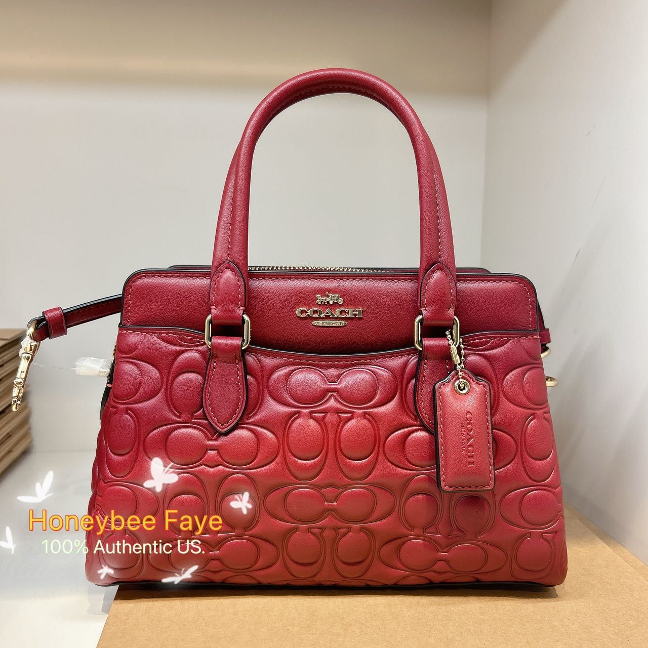 image of Coach Mini Darcie Carryall With Signature Leather Cm050 in Gold/Cherry, Women's