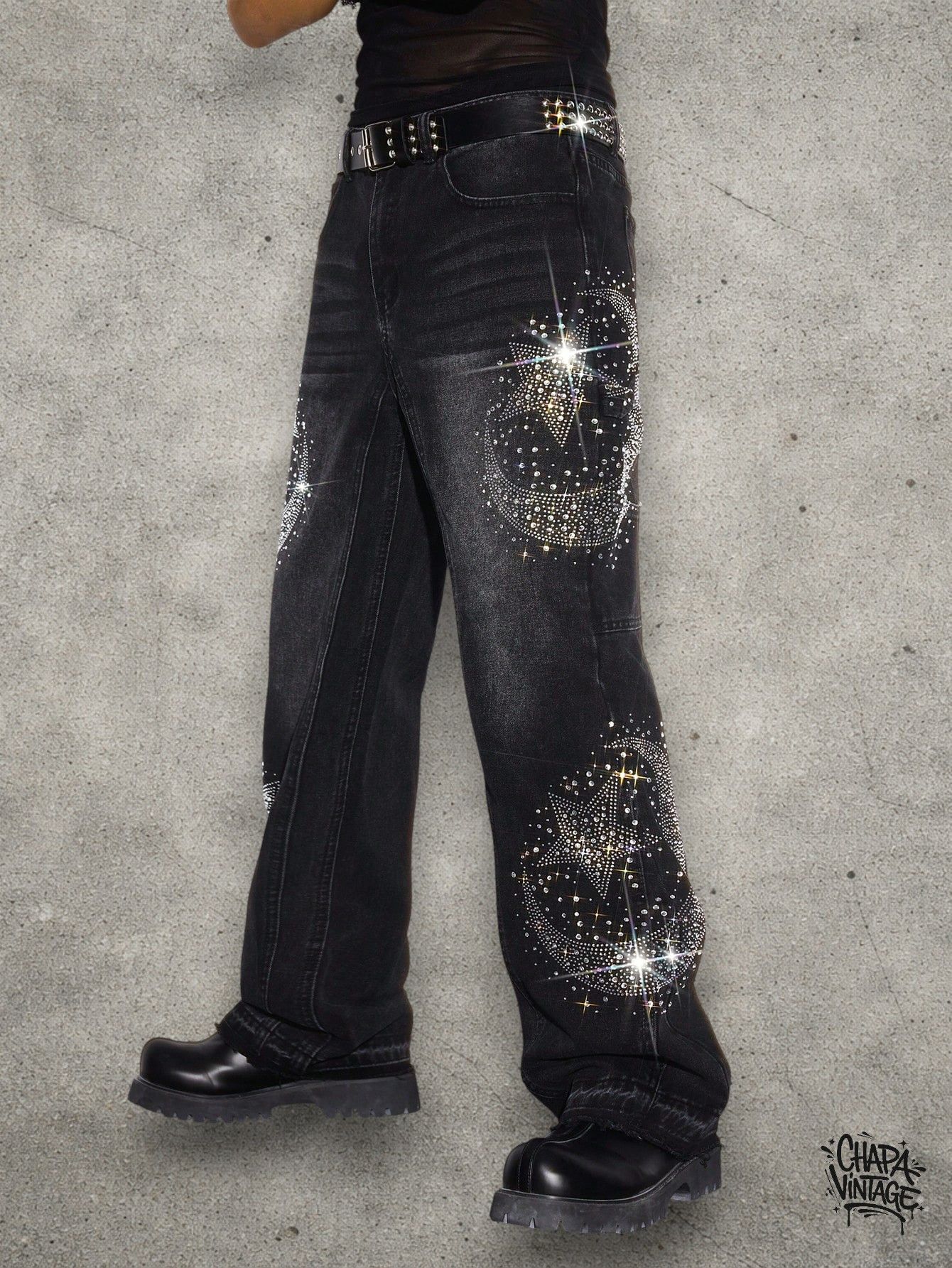 Vintage Rhinestone washed gray jeans Size US 32 / EU 48 - 4 Thumbnail