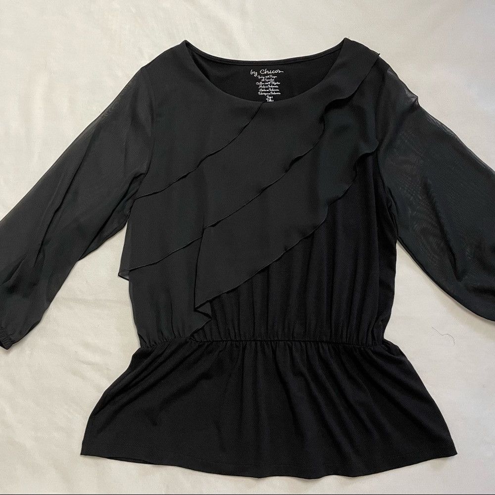 Chicos Chico's Knit Ruffle-Front Black Top Size 1 US M Size M / US 6-8 / IT 42-44 - 6 Thumbnail