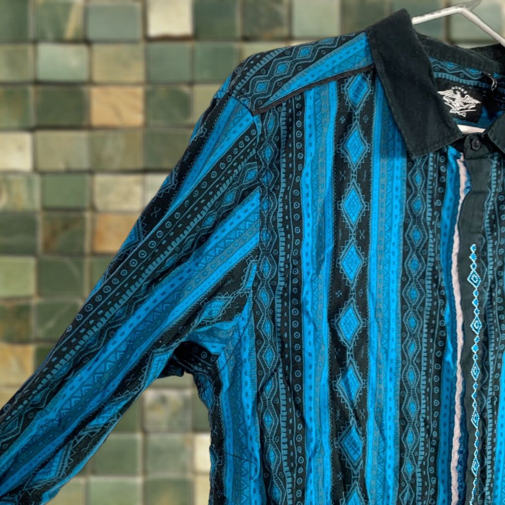 Vintage El General Y2K Western Cowboy Rodeo Button-Front Shirt 2XL Blue Black Long Sleeve Geometric Embroidered Mens Size US XXL / EU 58 / 5 - 1 Thumbnail