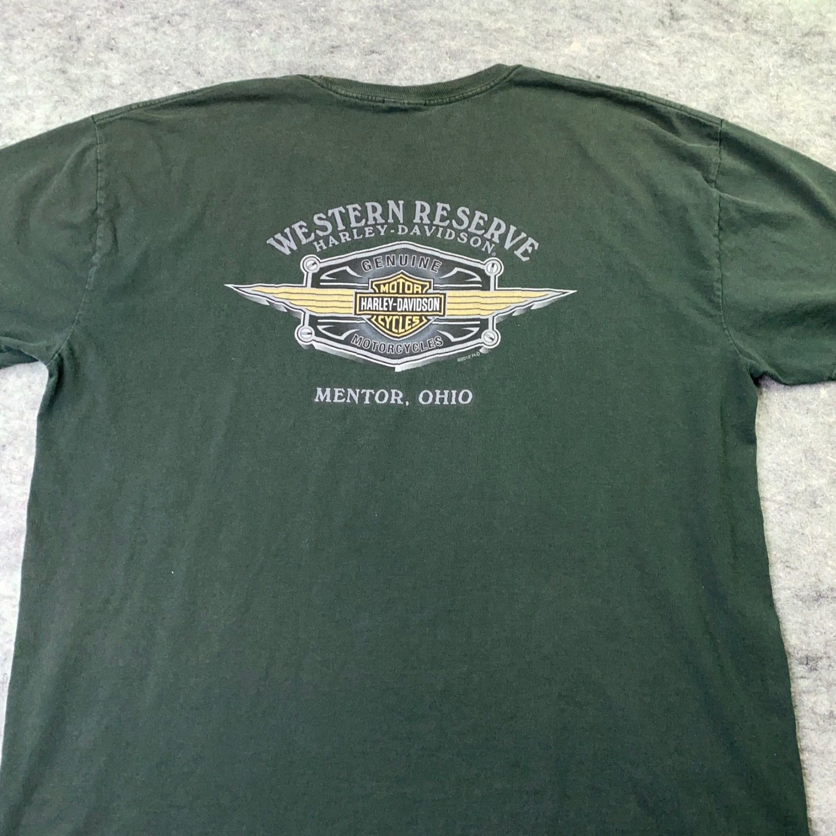 Harley Davidson Harley-Davidson Mens Shirt 2XL Green Crew Neck Short Sleeve T-Shirt Western Reserve Mentor OH Graphic Print Hanes Beefy-T Size US XXL / EU 58 / 5 - 6 Thumbnail
