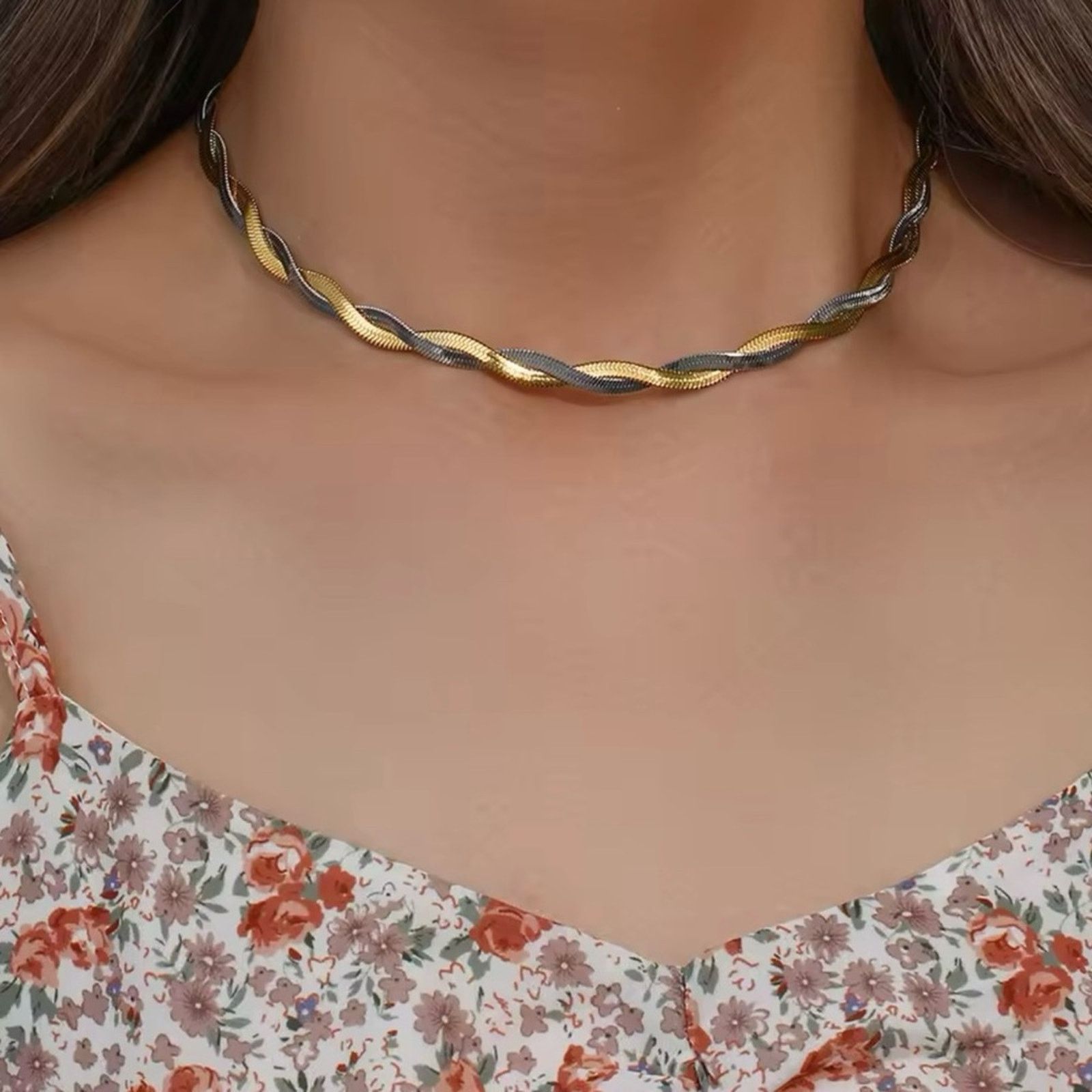 Other 2 Tones Herryingbone Twist Chain Choker Necklace 16”+2” Size ONE SIZE - 4 Thumbnail