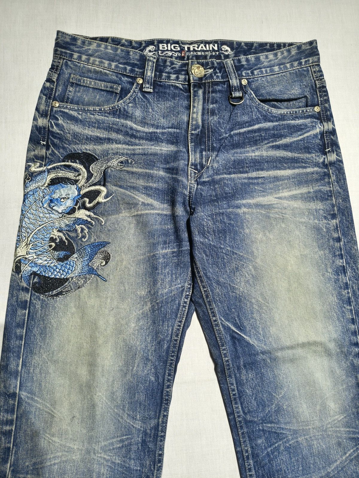 Japanese Brand Vintage Big Train Koi Fish Embroidered Denim Y2K 🐟(046) Size US 36 / EU 52 - 1 Thumbnail