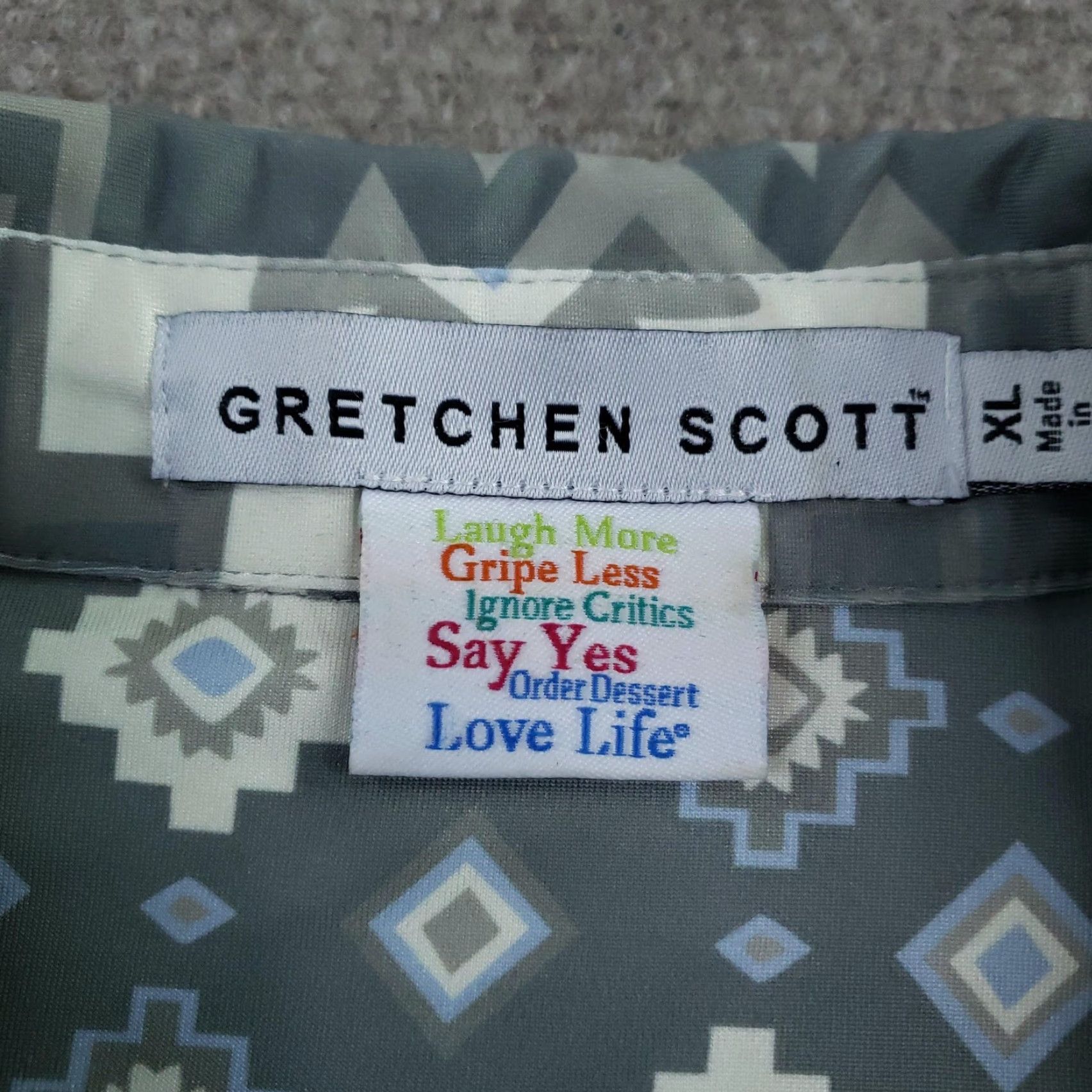 Vintage Gretchen Scott Shirt Women XL Gray Blue Aztec Print Tunic 3/4 Sleeve Top Stretch Blouse Geometric Button Accent Casual Modern Size XL / US 12-14 / IT 48-50 - 5 Thumbnail