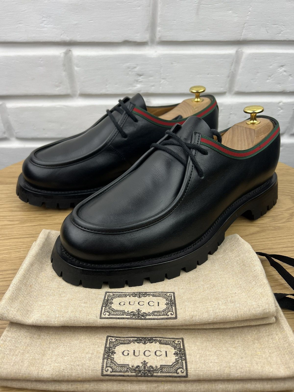 GUCCI SHOES MENS JASPER WEB TRIM LACE-UP BLACK LEATHER DERBY sz 9 / US 9.5 Gucci GUCCI Shoes Mens Jasper Web Trim Lace-Up Black Leather  main image 2