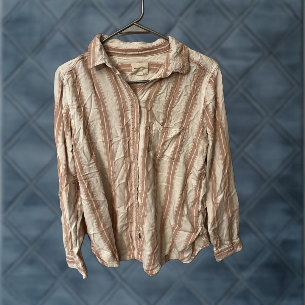 American Eagle Outfitters American Eagle Outfitters Women’s Large Boyfriend Fit Pink White Striped Shirt Top Buttons Size L / US 10 / IT 46 - 1 Thumbnail