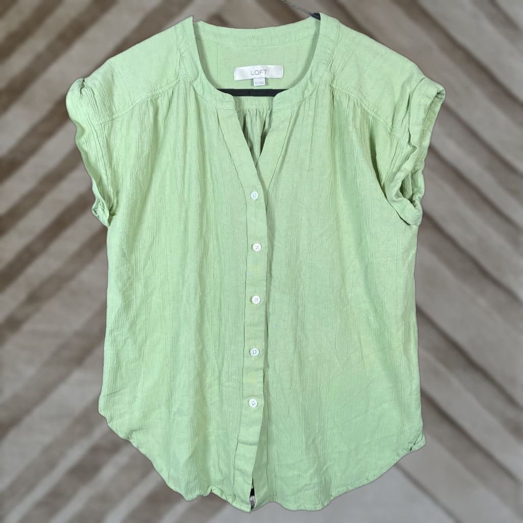 Loft LOFT Womens Blouse Green Cap Sleeve Button Down VNeck Linen Blend Stretch XS Size XS / US 0-2 / IT 36-38 - 1 Thumbnail