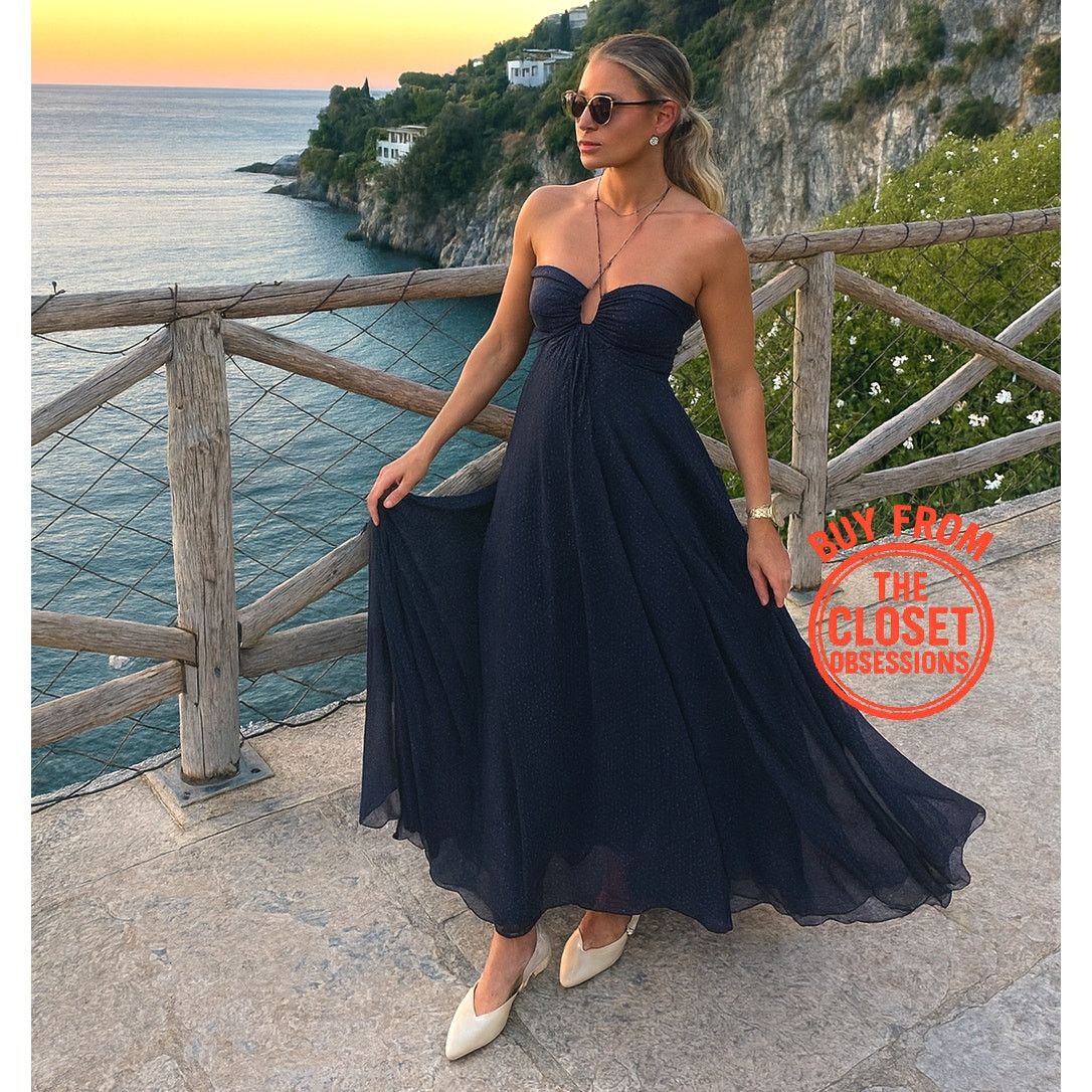 ZARA Draped V-Neck Maxi Dress NWT  Blue Gown, Size L, XL